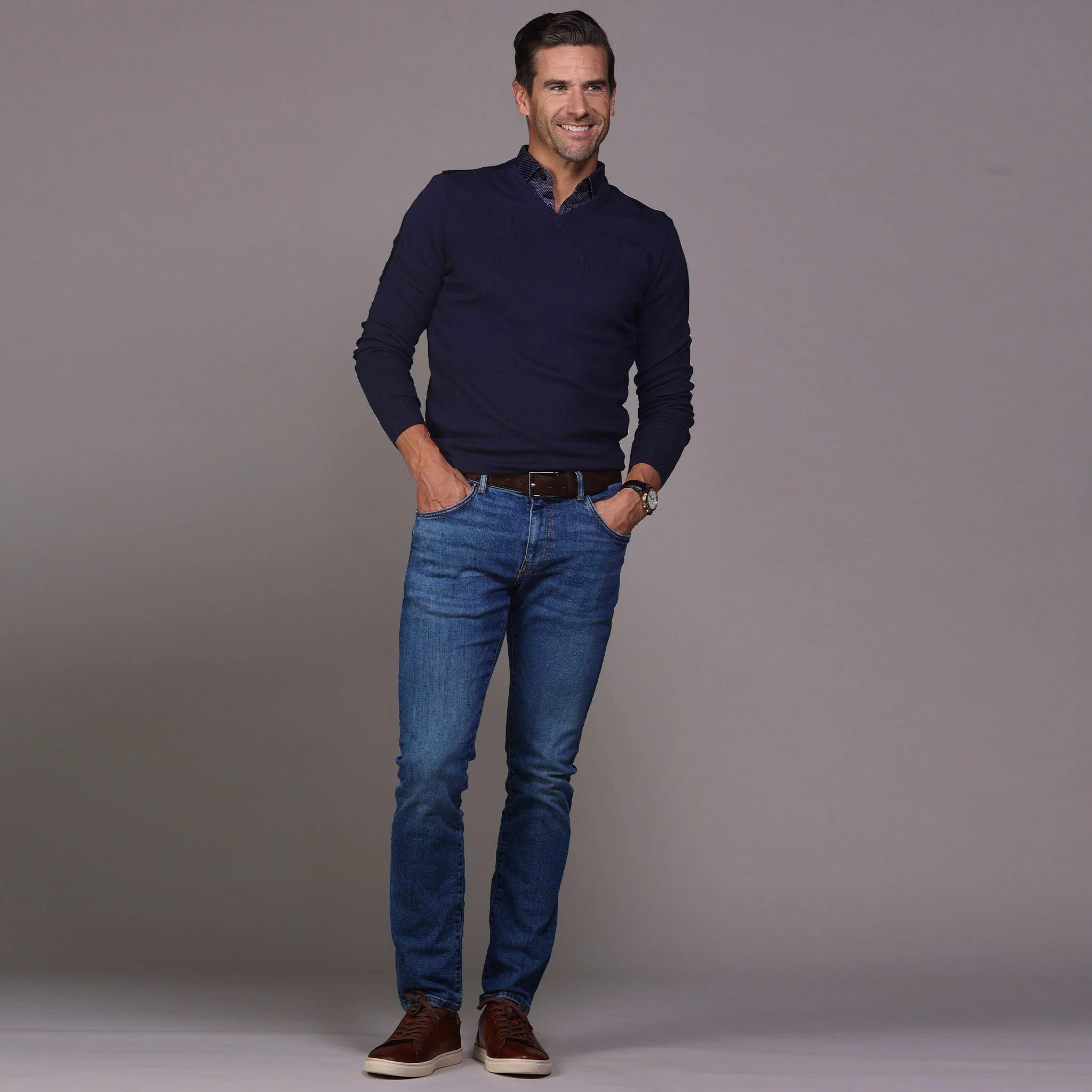 Navy Luxury Touch Cotton and Cashmere V-Neck Sweater - Image 4