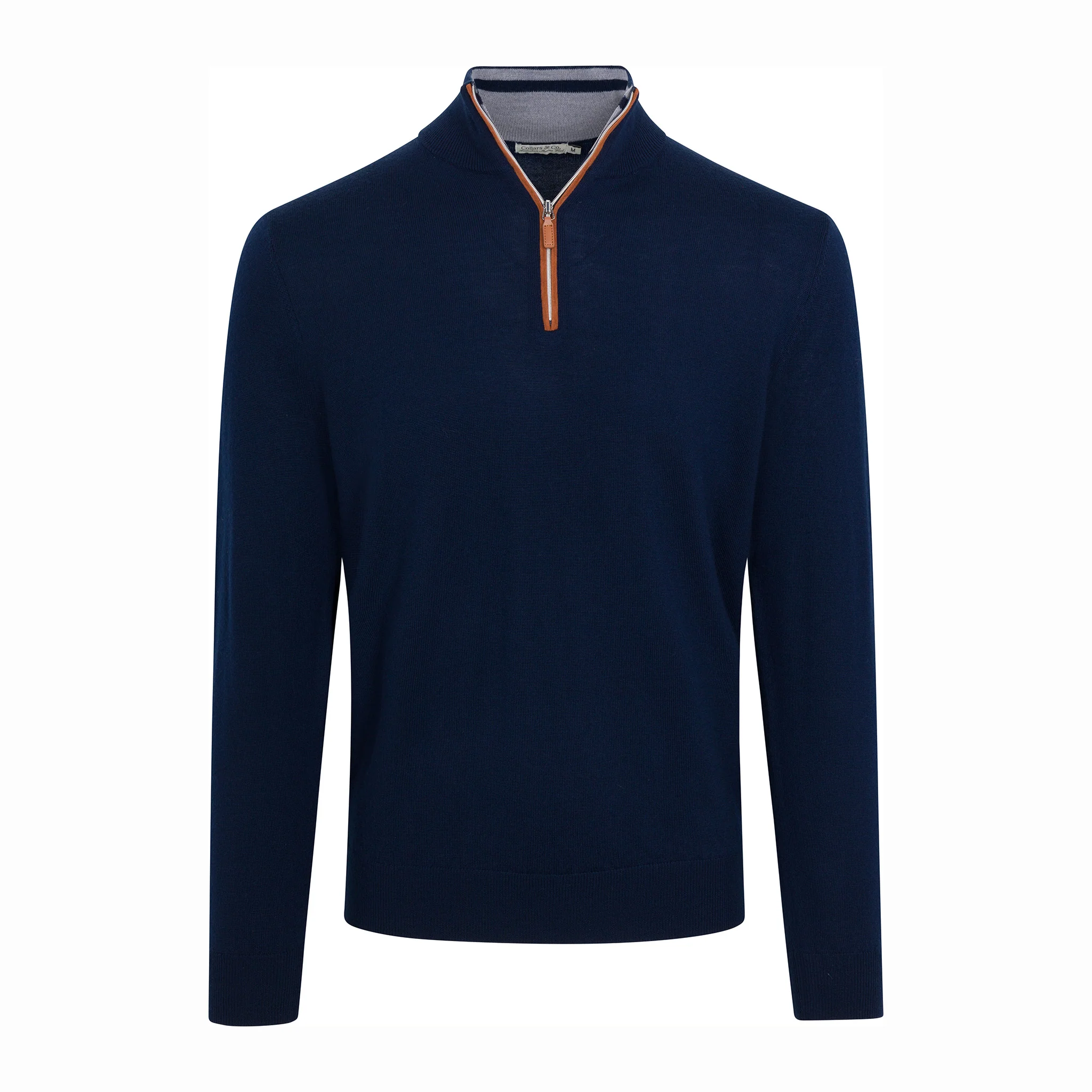 Navy with Brown Suede Trim Cashmere Touch Australian Merino Quarter Zip Sweater - Image 5
