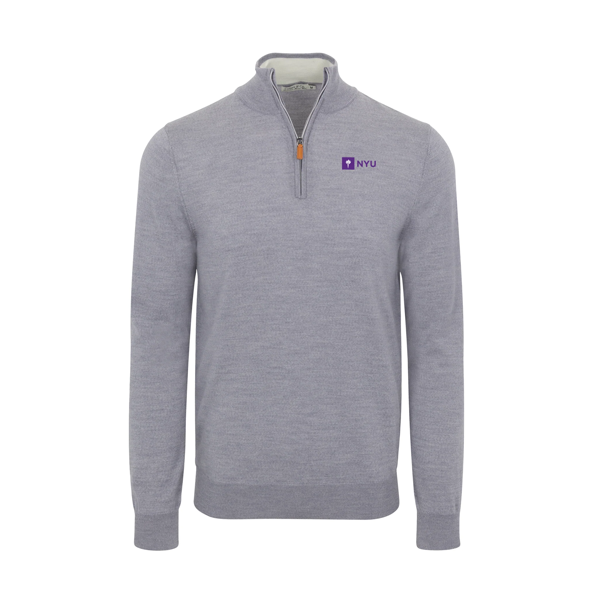 New York University Grey Melange Cashmere Touch Australian Merino Quarter Zip Sweater