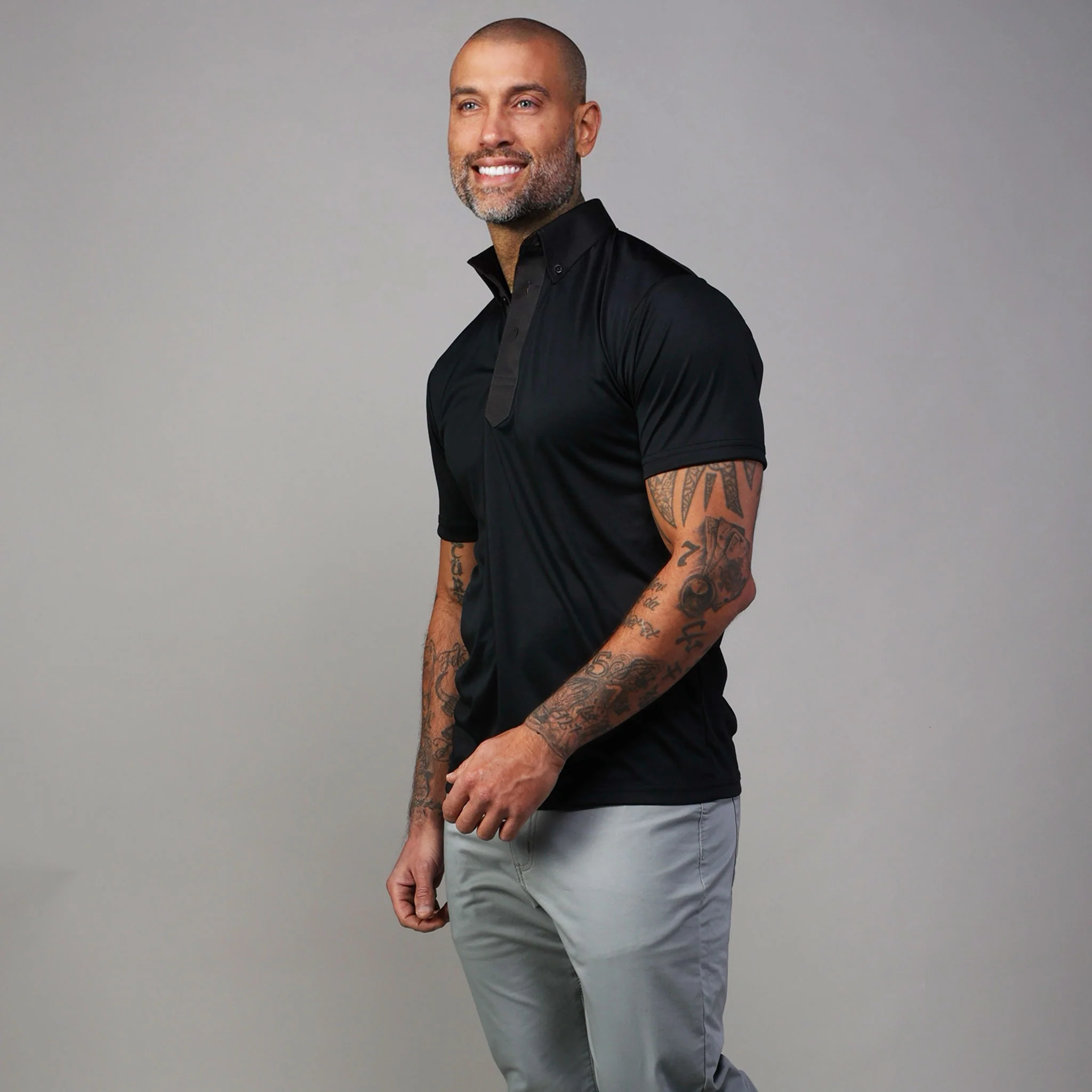 Nightfall Oxford Button Down Collar Polo Black with Dark Charcoal Accent - Image 3