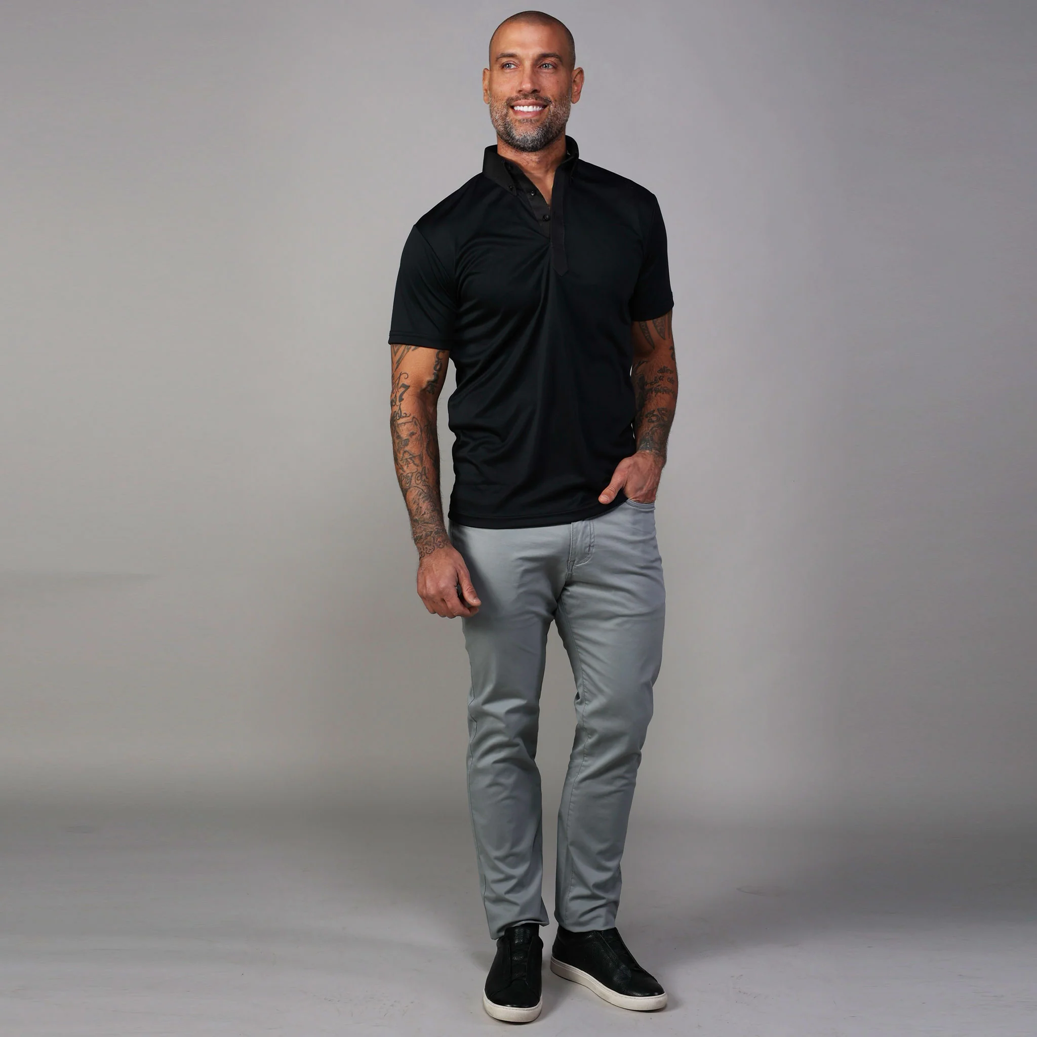 Nightfall Oxford Button Down Collar Polo Black with Dark Charcoal Accent - Image 4