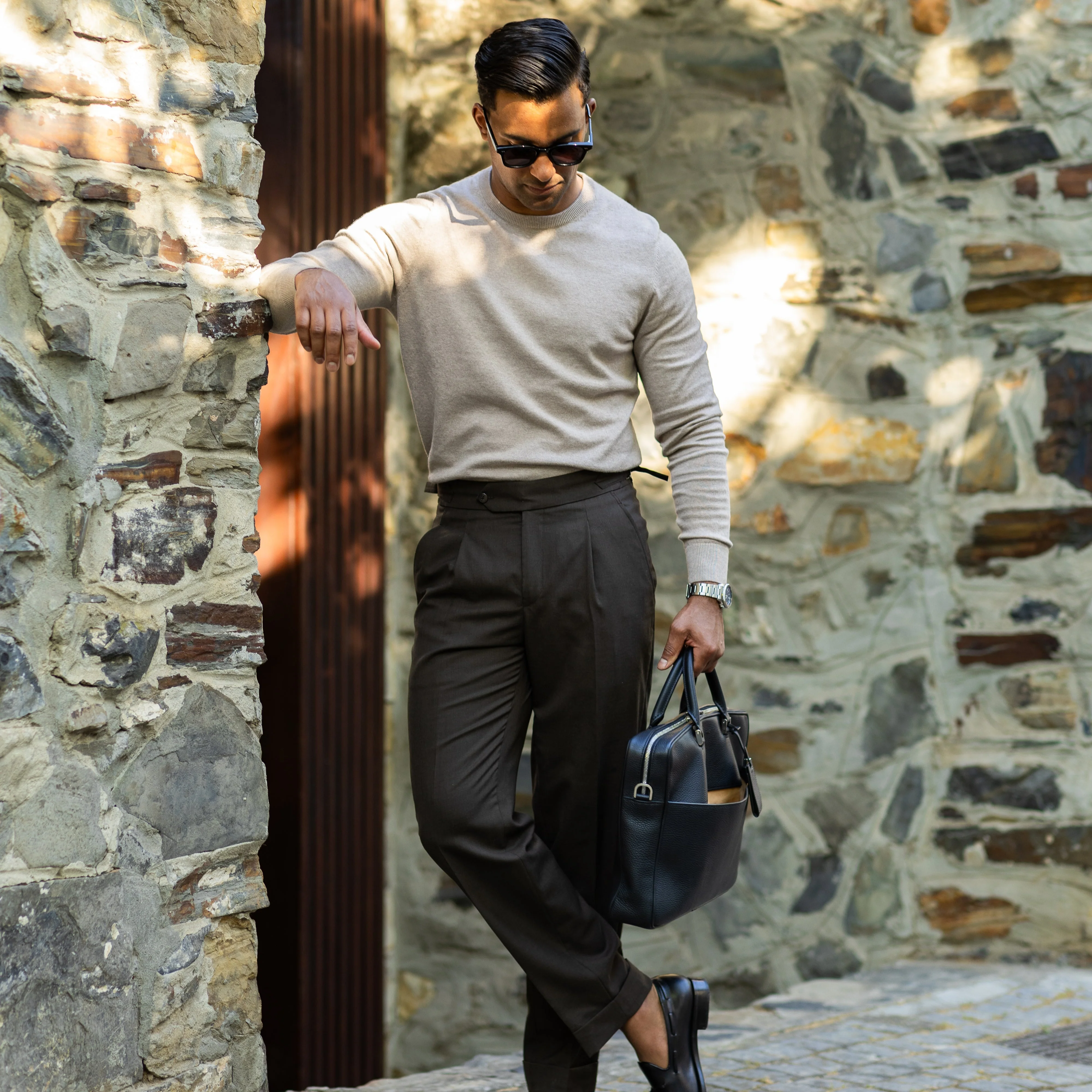 Oatmeal Luxury Touch Cotton and Cashmere Crew Neck Sweater - Image 3