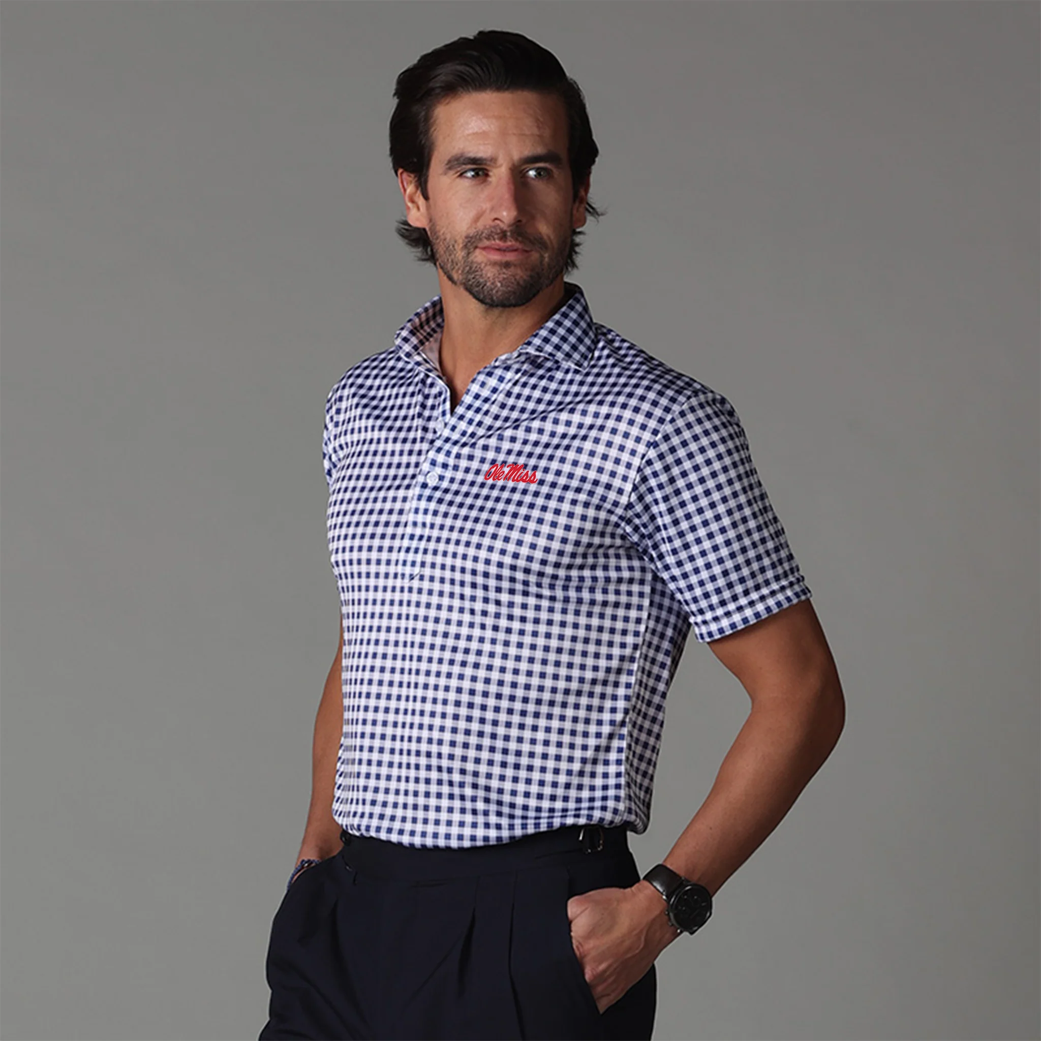 Ole Miss Custom Semi-Spread Collar Polo Navy Gingham