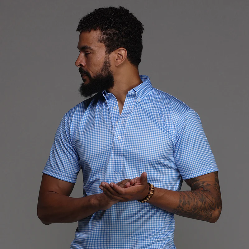 Oxford Button Down Collar Polo Newport Light Blue Gingham - Image 5