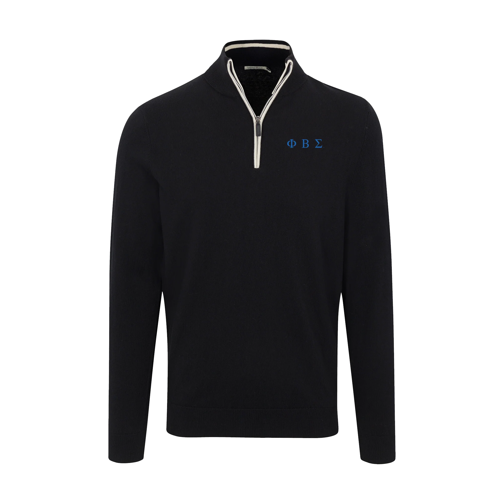 Phi Beta Sigma Black with White Trim Luxury Touch Cotton and Cashmere Quarter Zip Sweater