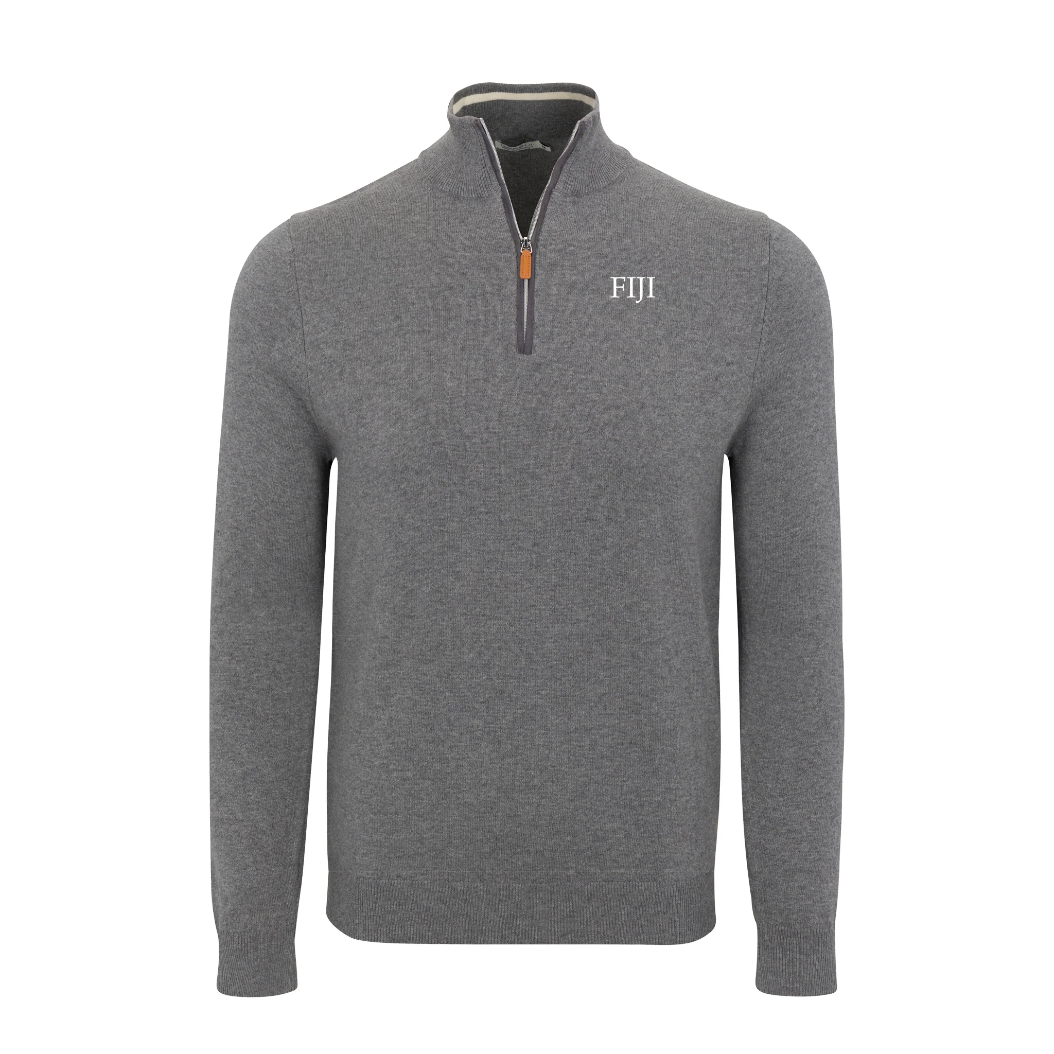Phi Gamma Delta Grey with Grey Trim Luxury Touch Cotton and Cashmere Quarter Zip Sweater