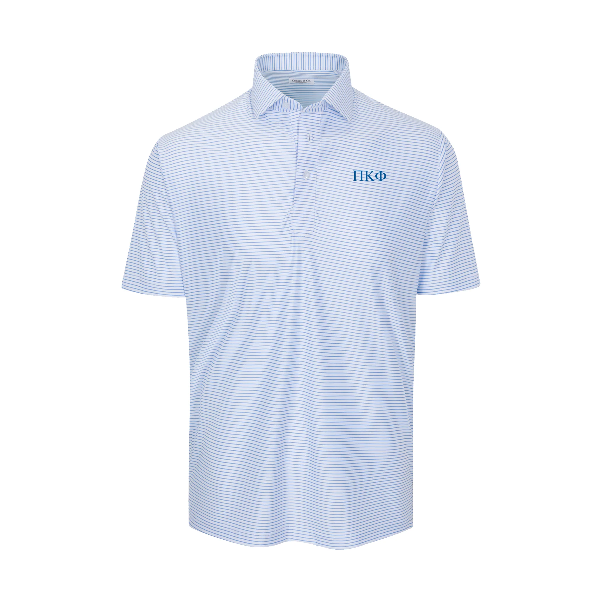 Pi Kappa Phi Featherweight Flex Polo Camden White with Blue Stripe