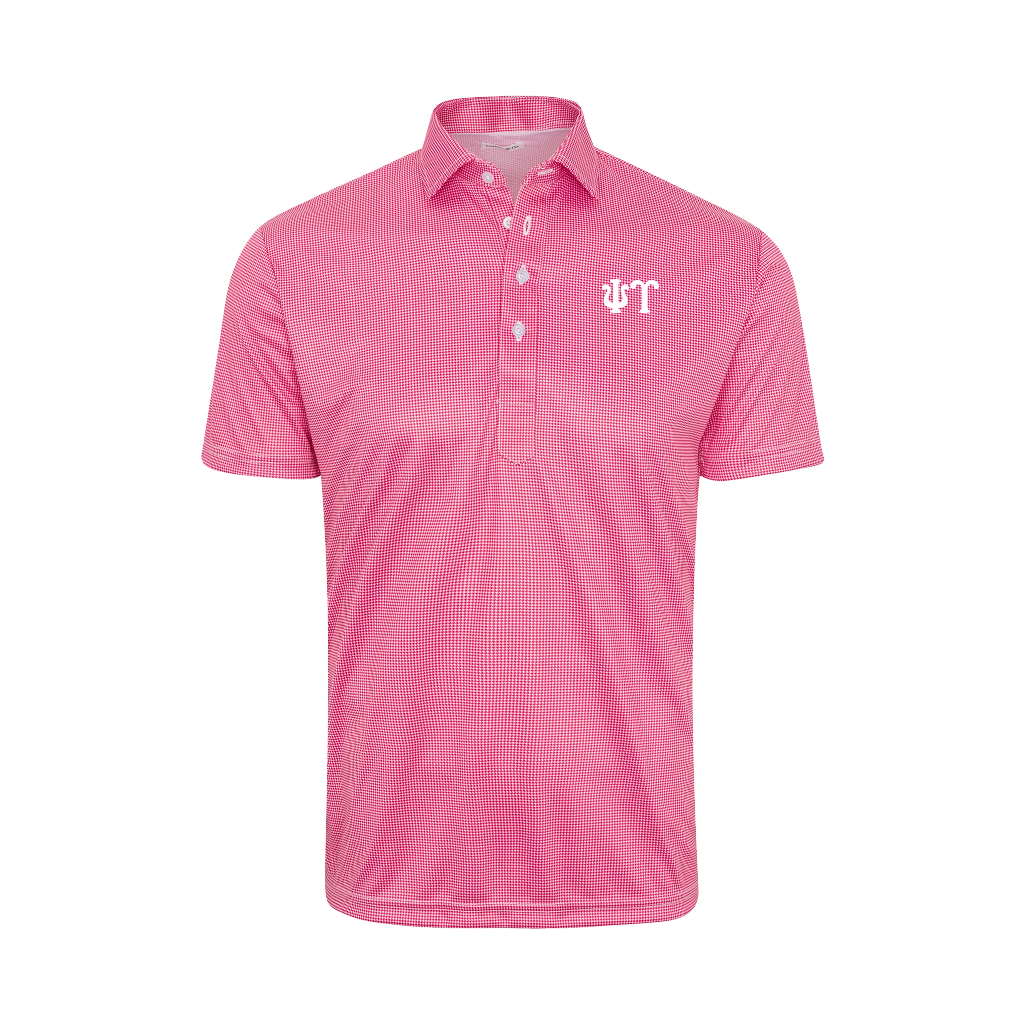 Psi Upsilon Semi-Spread Collar Polo Red Houndstooth