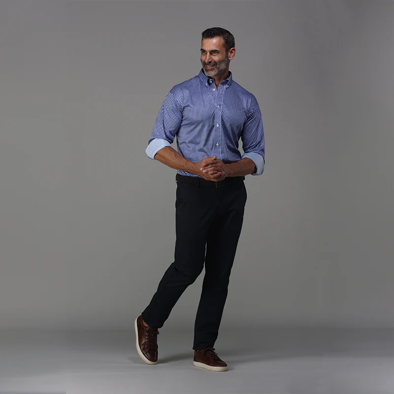 Quattro Flex Dress Shirt with Button Down Collar Blue Gingham - Image 3