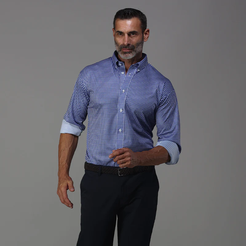 Quattro Flex Dress Shirt with Button Down Collar Blue Gingham - Image 4