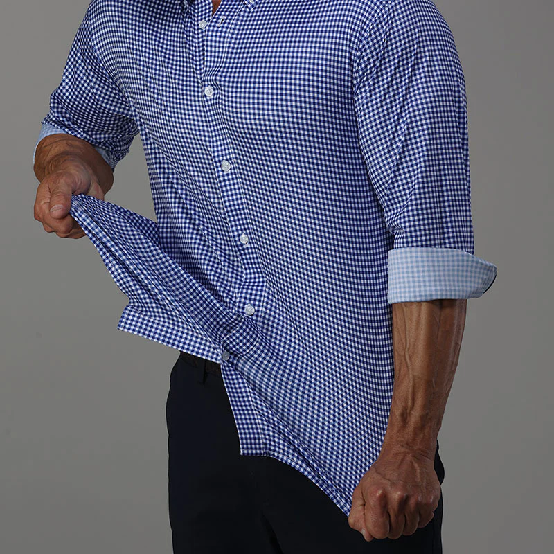Quattro Flex Dress Shirt with Button Down Collar Blue Gingham - Image 6