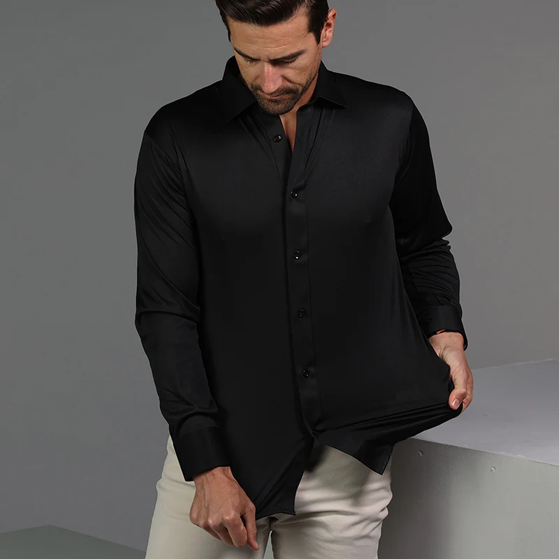 Quattro Flex Dress Shirt with Semi-Spread Collar Black - Image 3