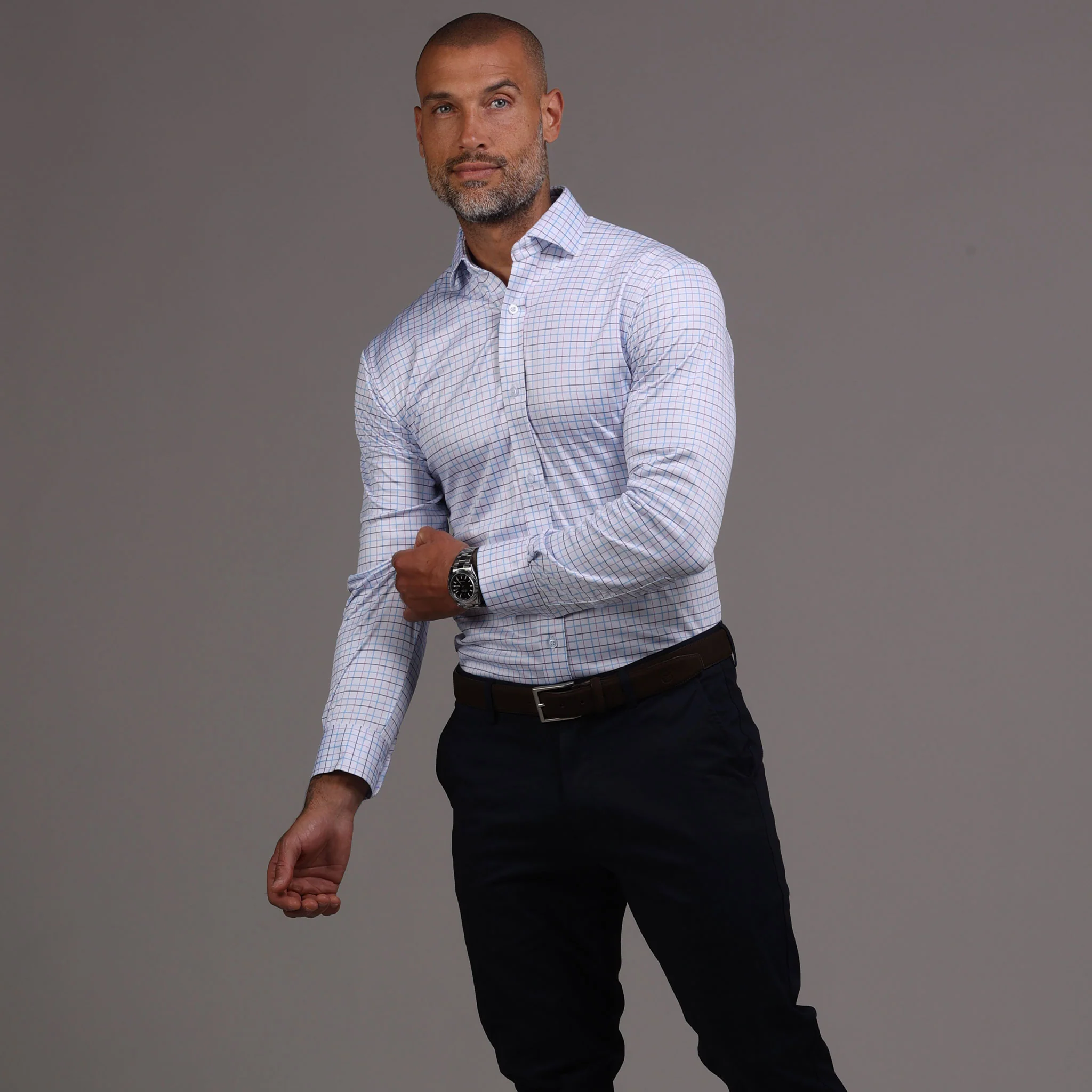 Quattro Flex Dress Shirt with Semi-Spread Collar Blue and Pink Tattersall - Image 3