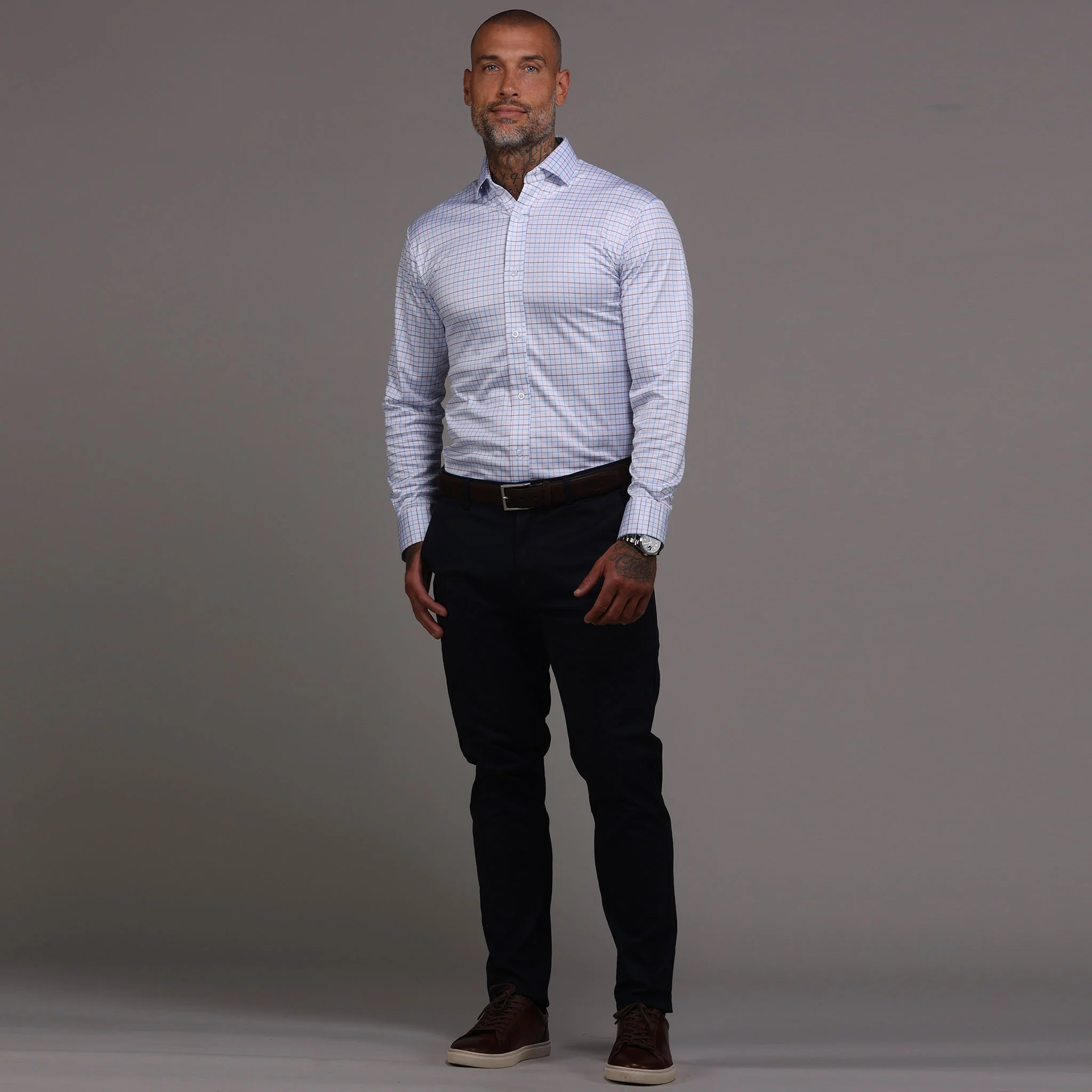 Quattro Flex Dress Shirt with Semi-Spread Collar Blue and Pink Tattersall - Image 4