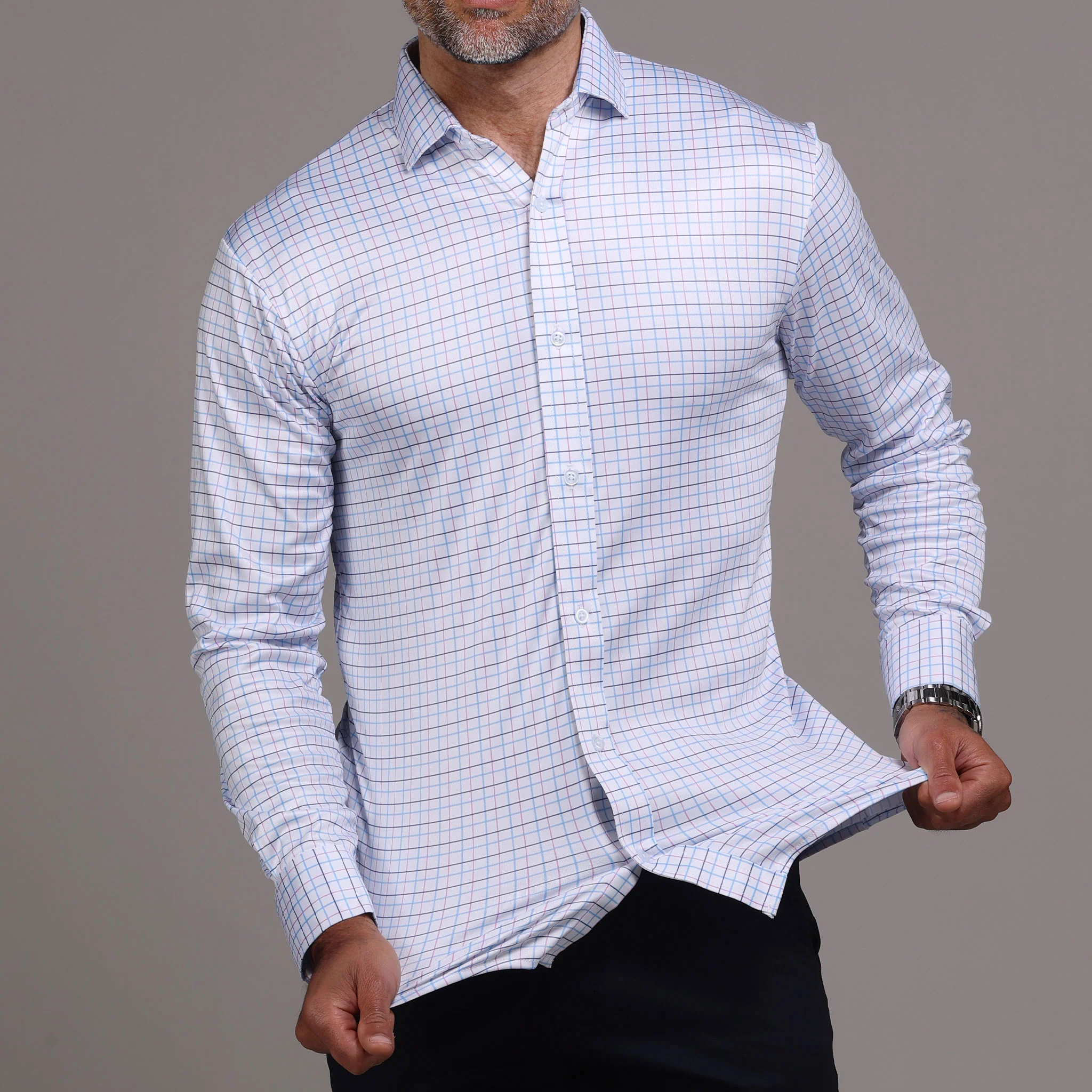 Quattro Flex Dress Shirt with Semi-Spread Collar Blue and Pink Tattersall - Image 5