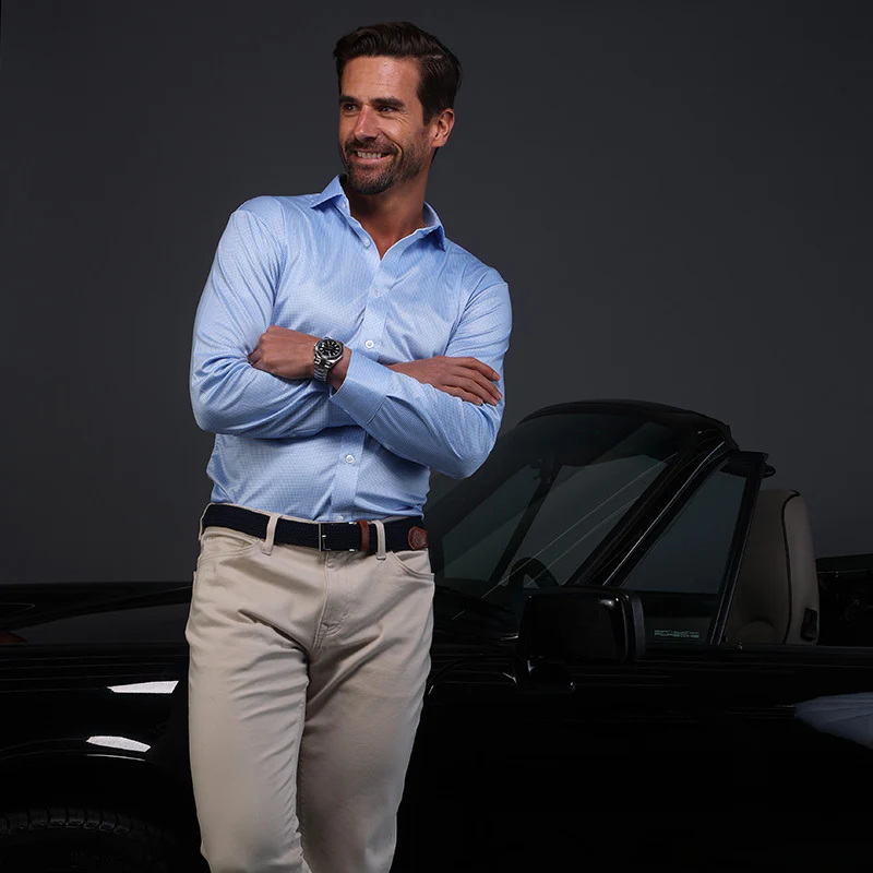 Quattro Flex Dress Shirt with Semi-Spread Collar Blue Houndstooth - Image 3
