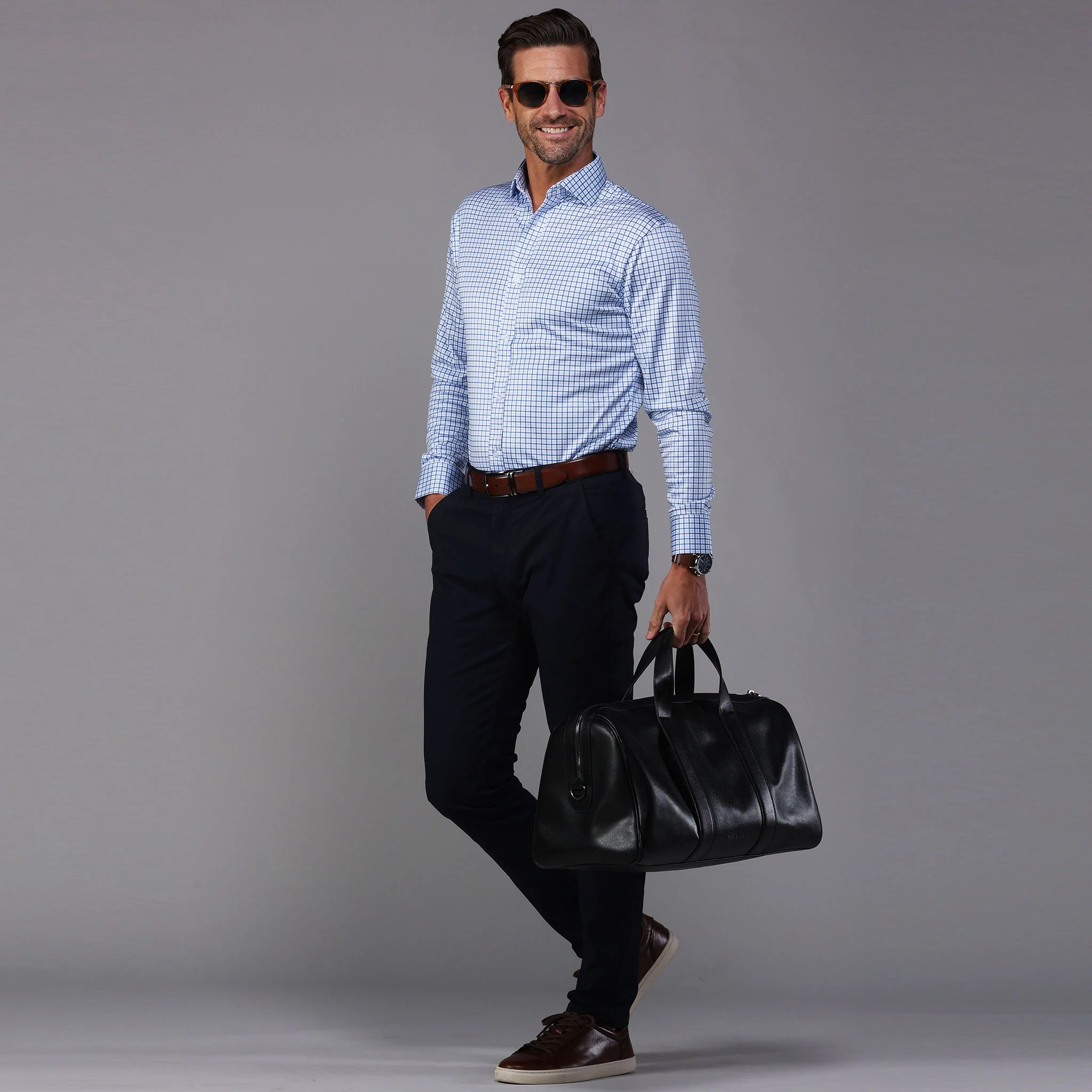 Quattro Flex Dress Shirt with Semi-Spread Collar Blue Tattersall - Image 4