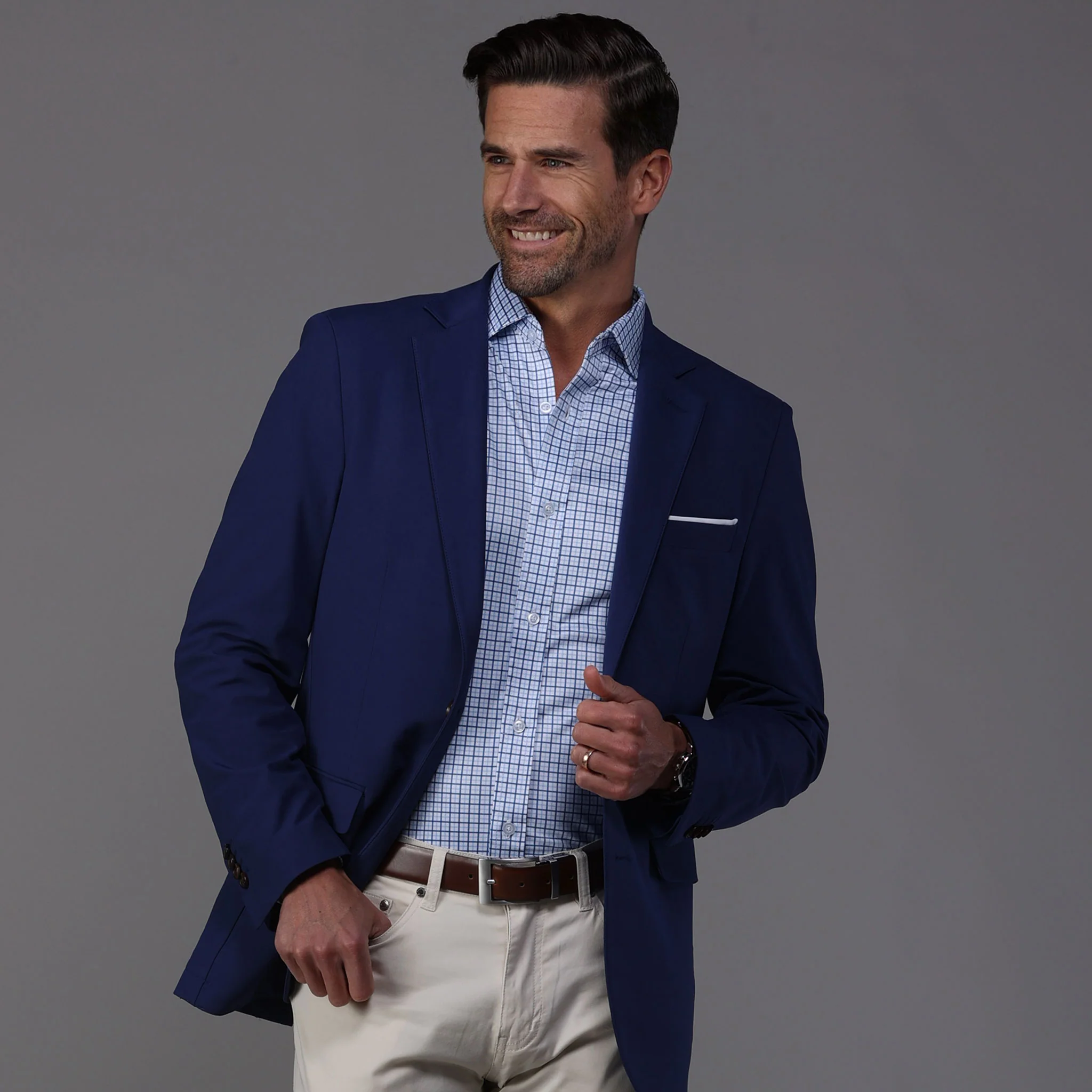 Quattro Flex Dress Shirt with Semi-Spread Collar Blue Tattersall - Image 5