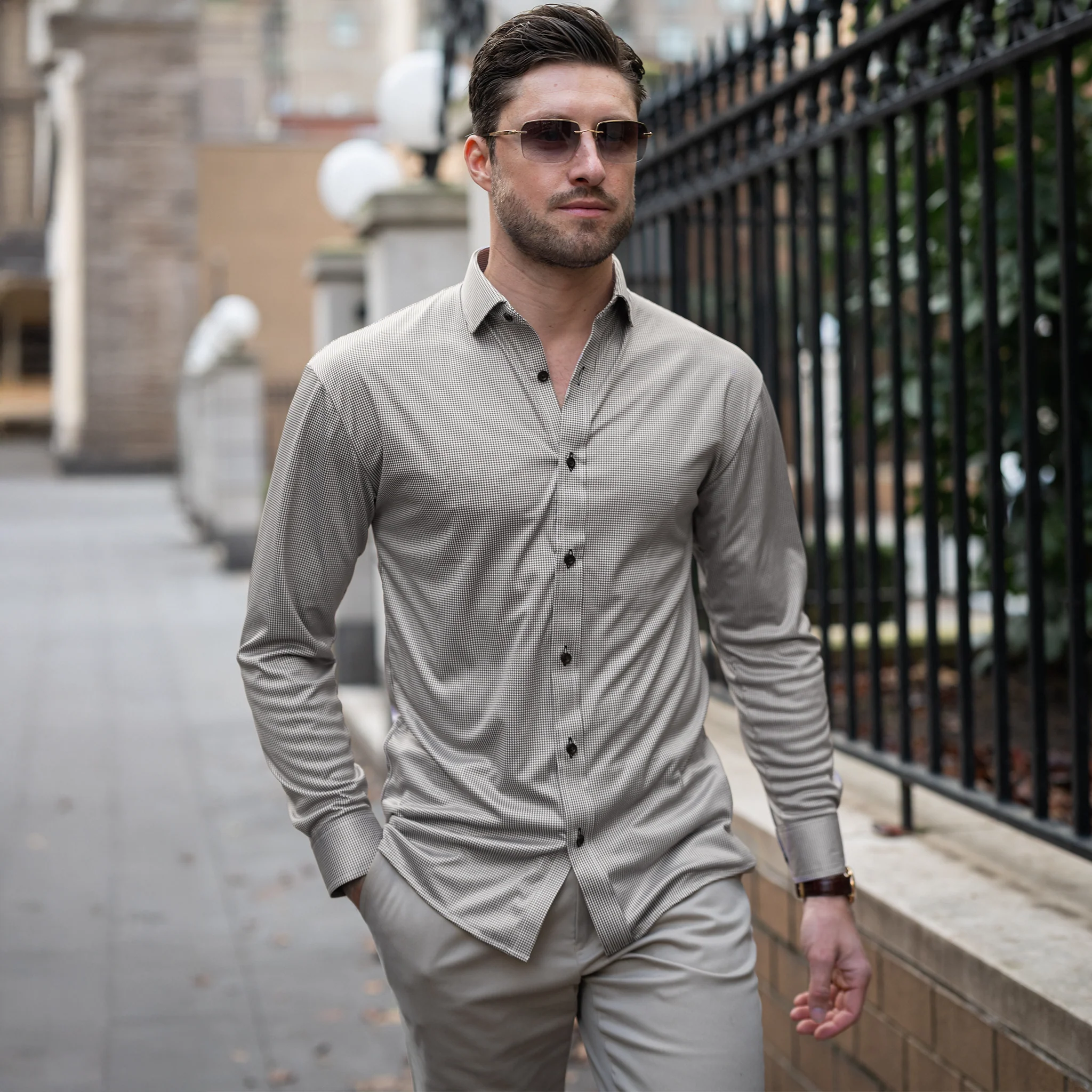 Quattro Flex Dress Shirt with Semi-Spread Collar Brown Houndstooth - Image 2