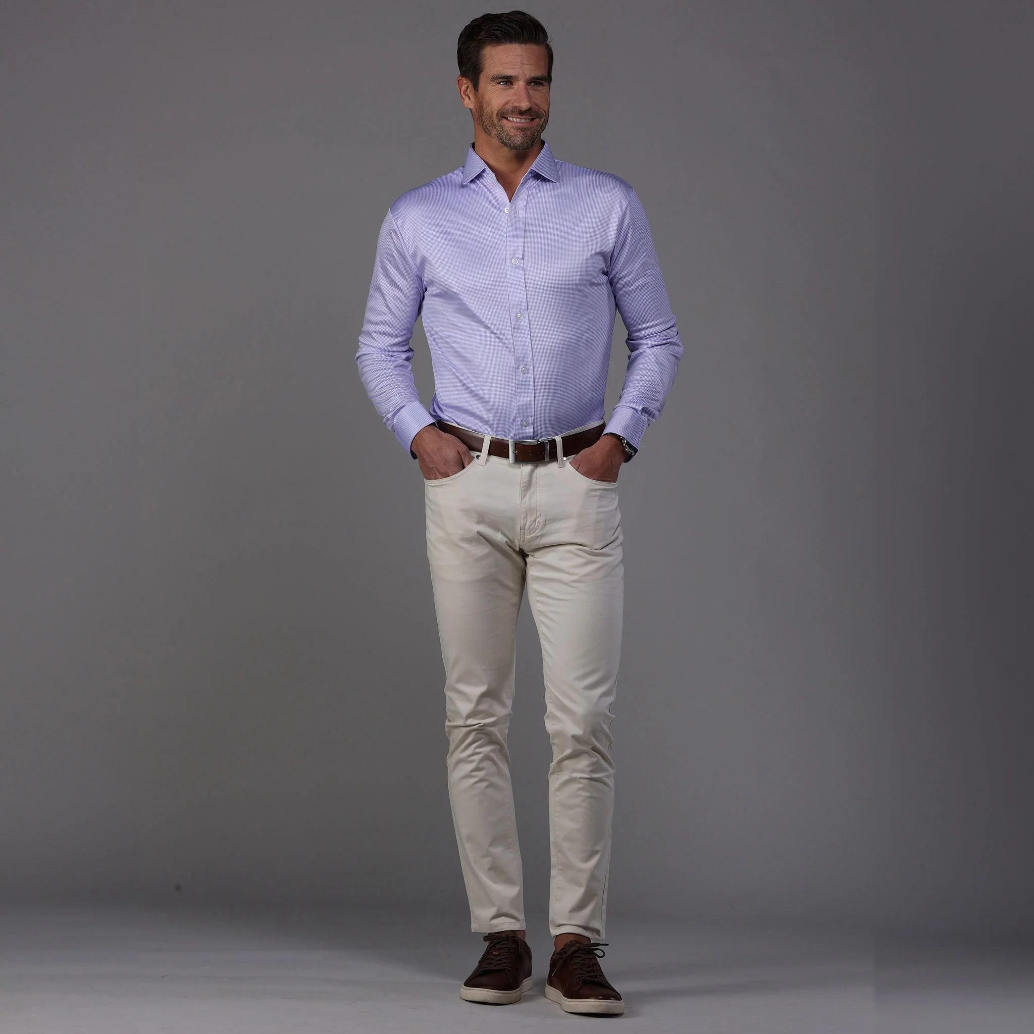 Quattro Flex Dress Shirt with Semi-Spread Collar Lavender Houndstooth - Image 4