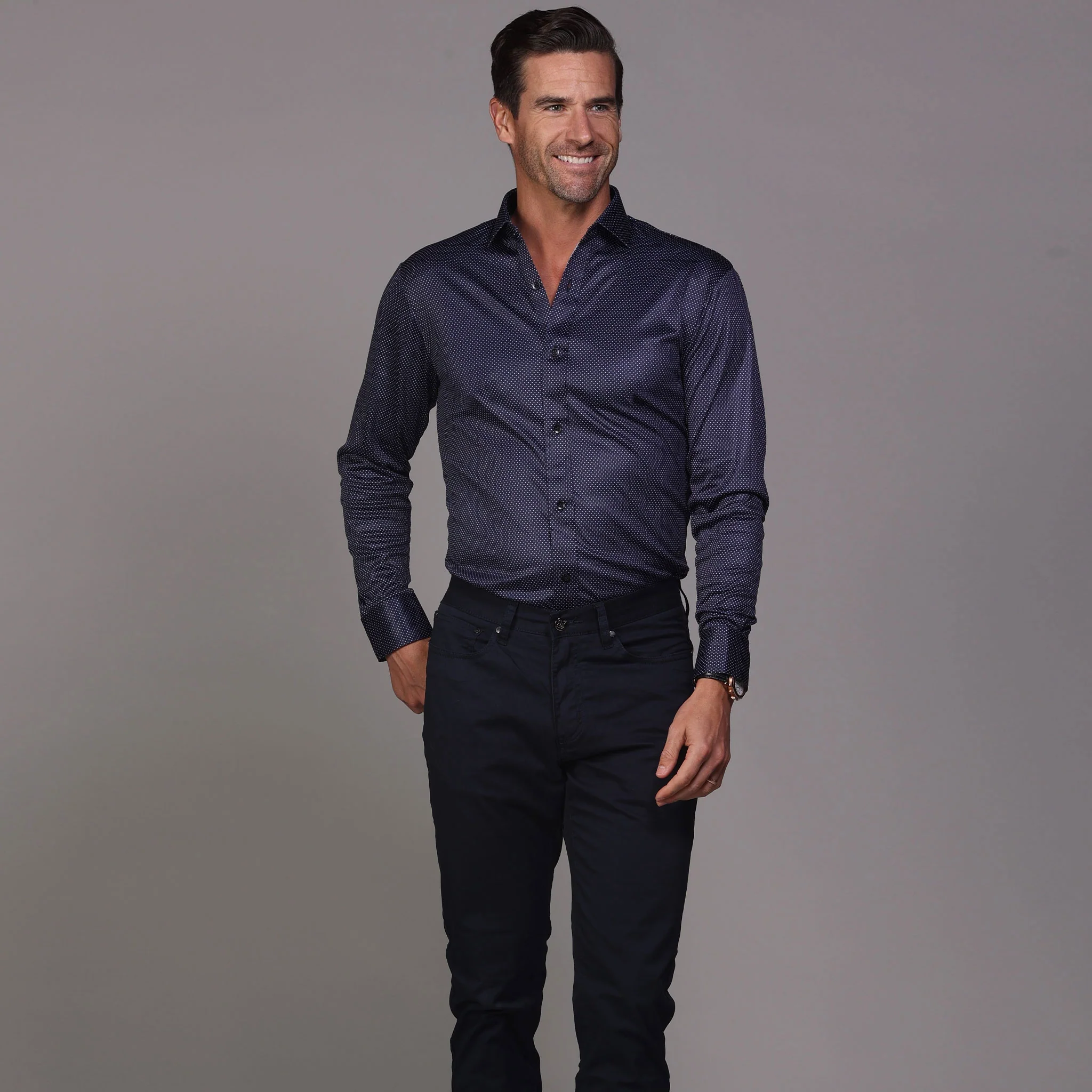 Quattro Flex Dress Shirt with Semi-Spread Collar Midnight Micro Dot - Image 3