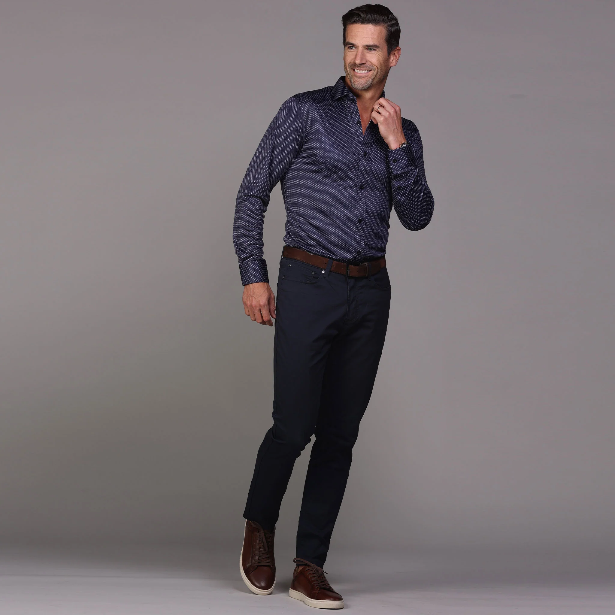 Quattro Flex Dress Shirt with Semi-Spread Collar Midnight Micro Dot - Image 5