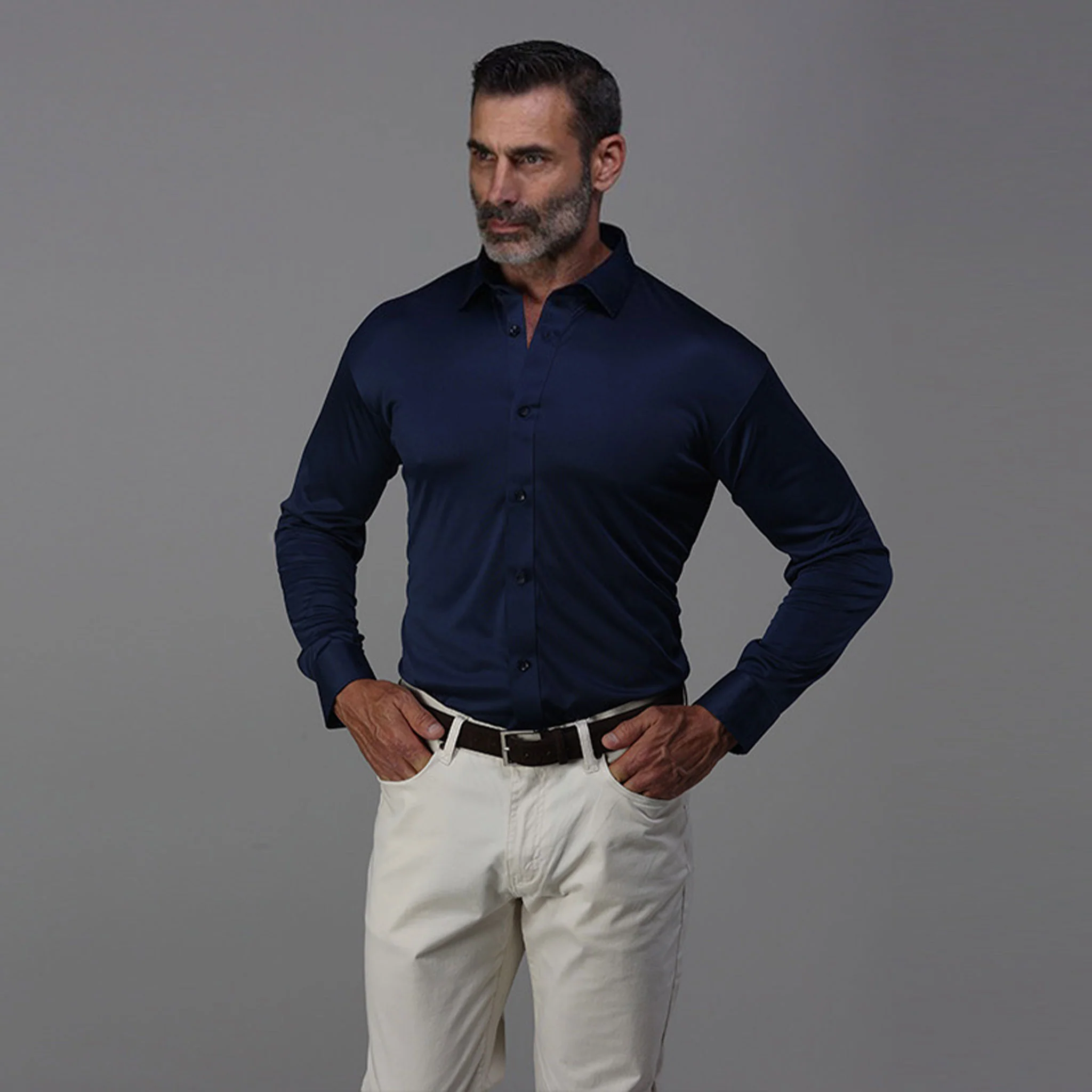 Quattro Flex Dress Shirt with Semi-Spread Collar Navy - Image 3