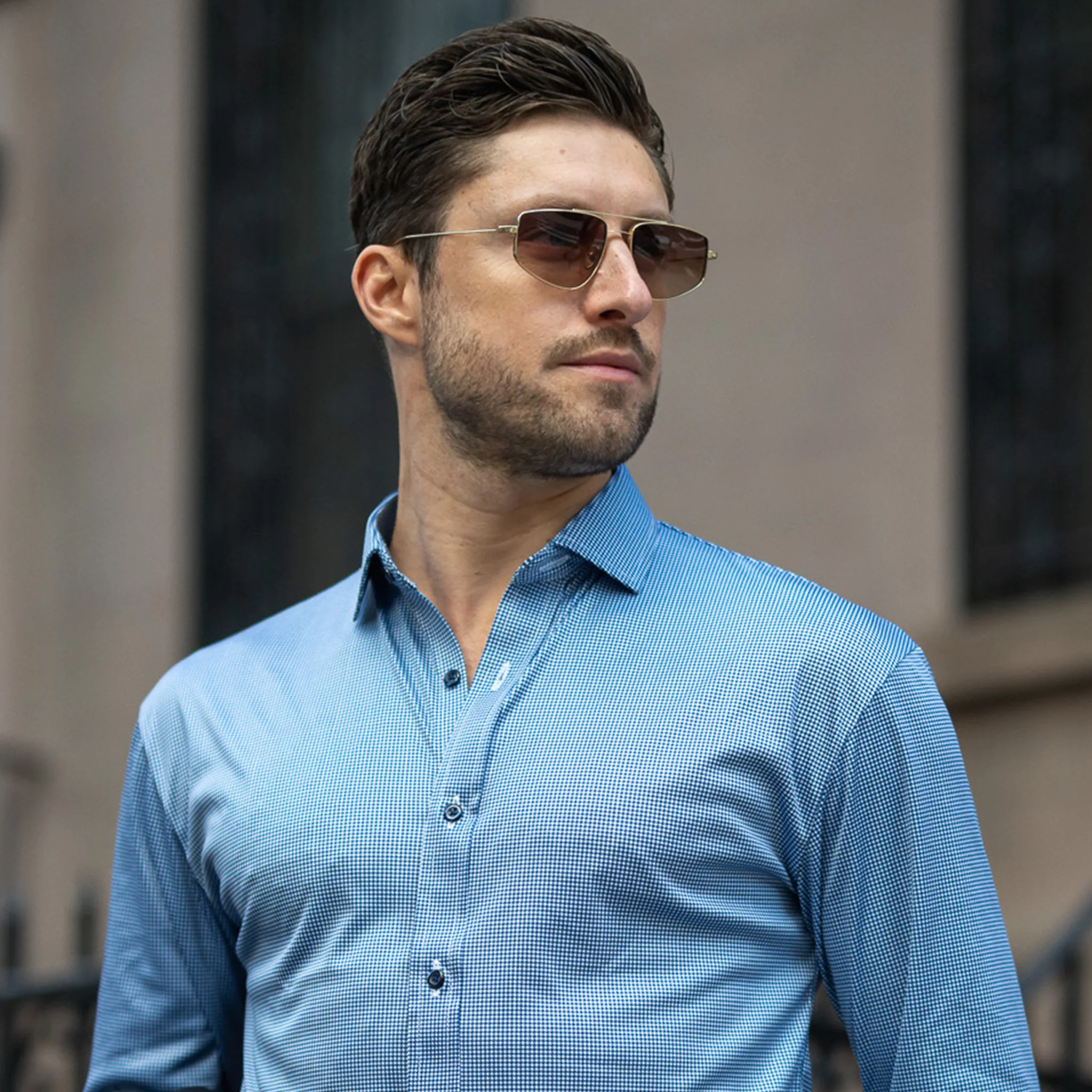 Quattro Flex Dress Shirt with Semi-Spread Collar Navy Houndstooth - Image 2