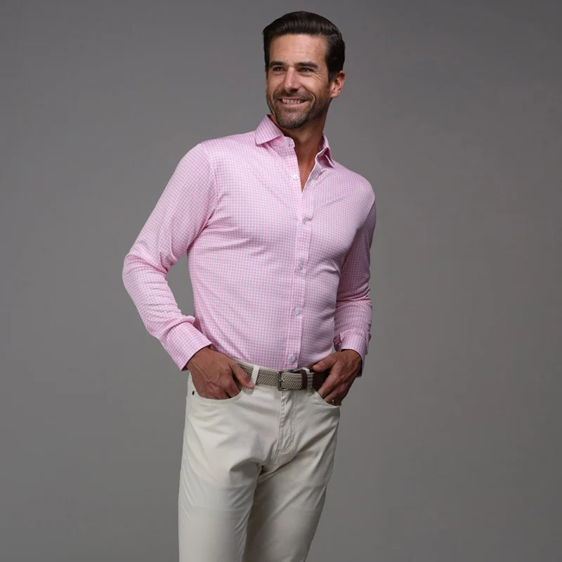 Quattro Flex Dress Shirt with Semi-Spread Collar Pink Gingham - Image 4