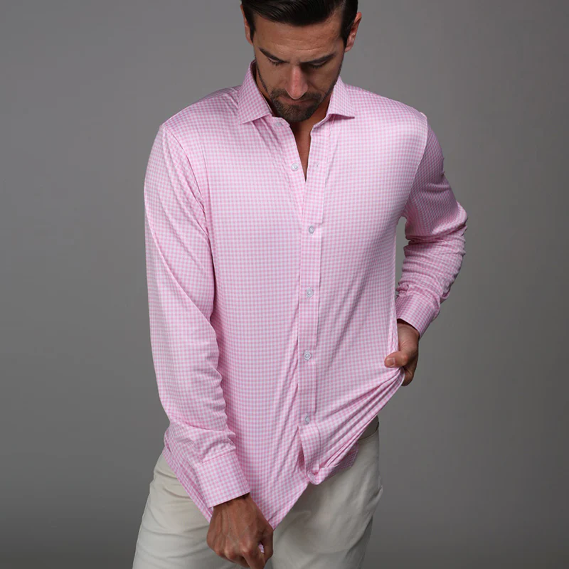 Quattro Flex Dress Shirt with Semi-Spread Collar Pink Gingham - Image 5