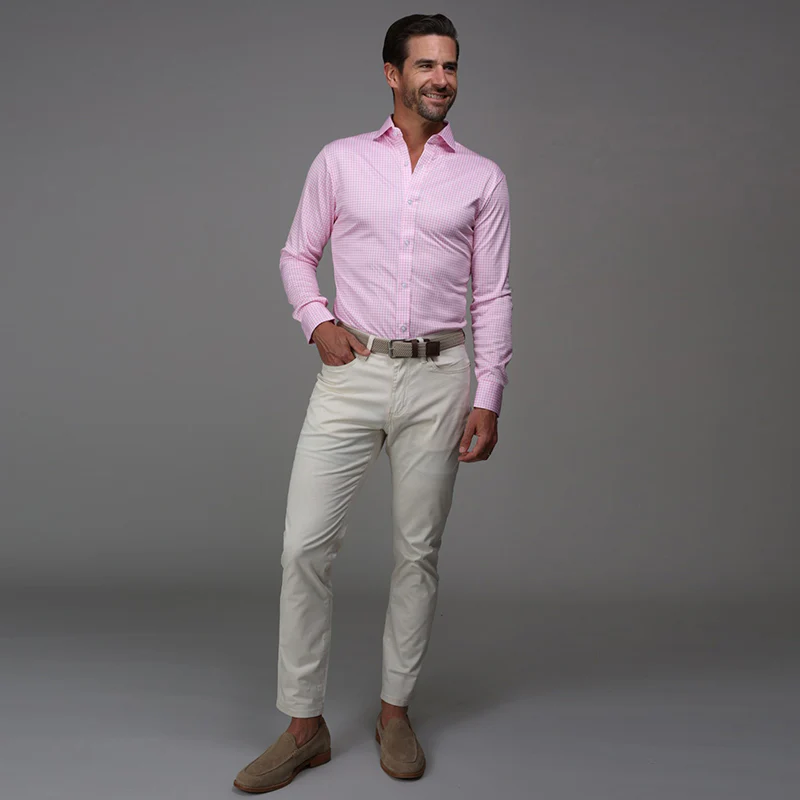 Quattro Flex Dress Shirt with Semi-Spread Collar Pink Gingham - Image 6