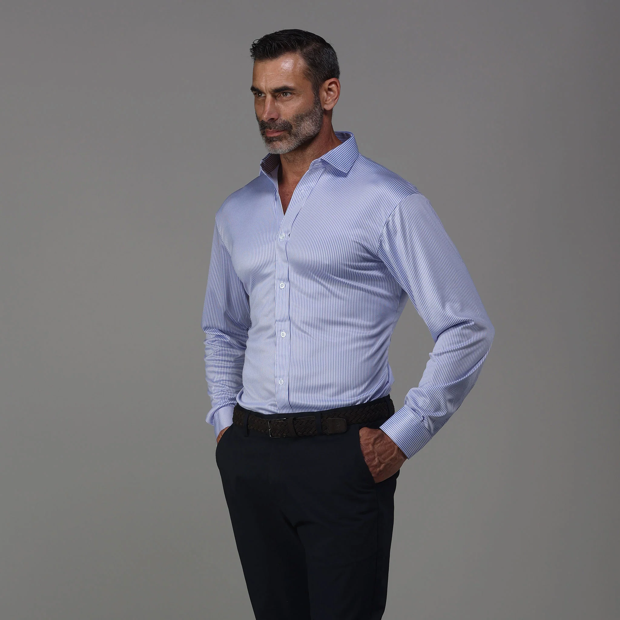 Quattro Flex Dress Shirt with Semi-Spread Collar Regent Blue Stripe - Image 3