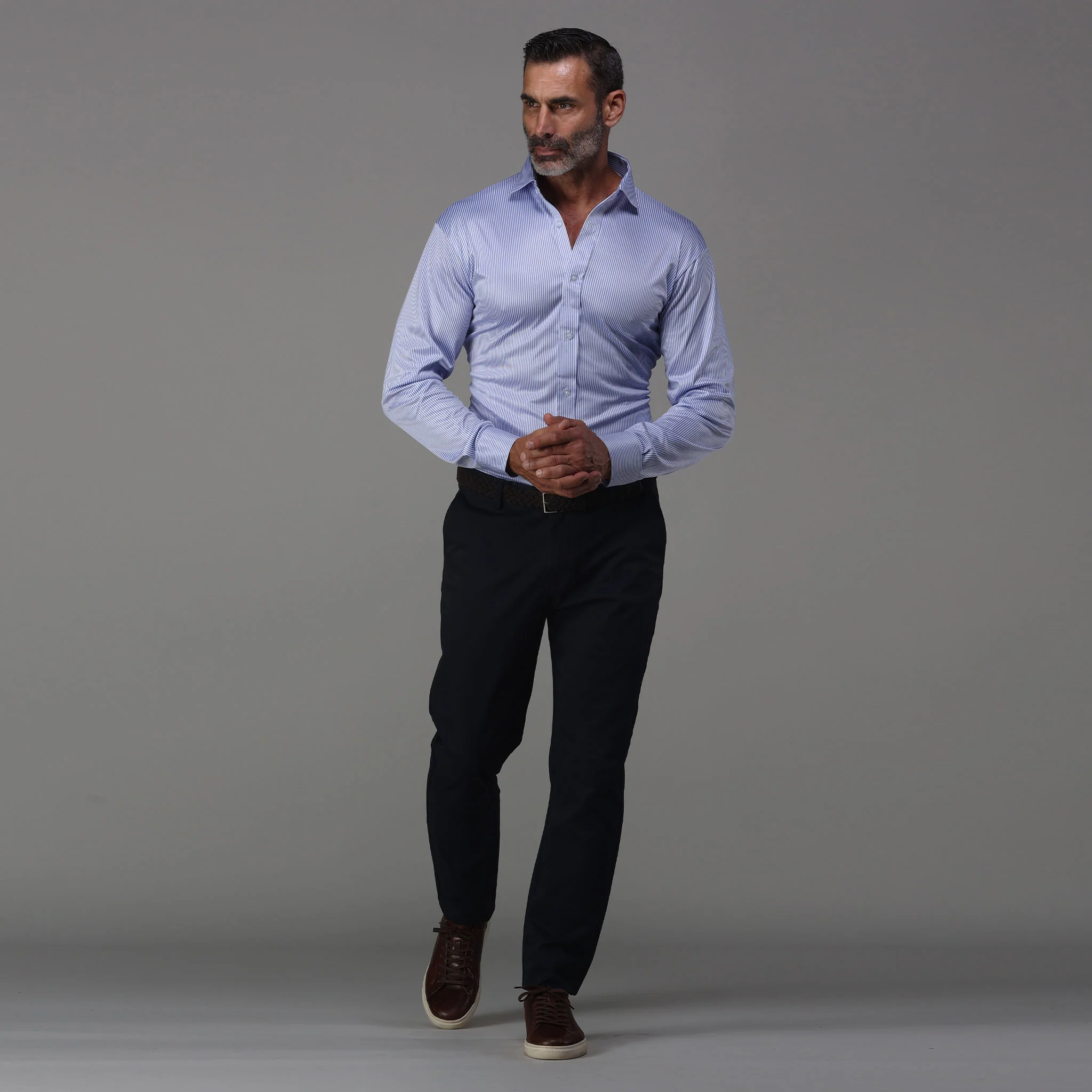 Quattro Flex Dress Shirt with Semi-Spread Collar Regent Blue Stripe - Image 4