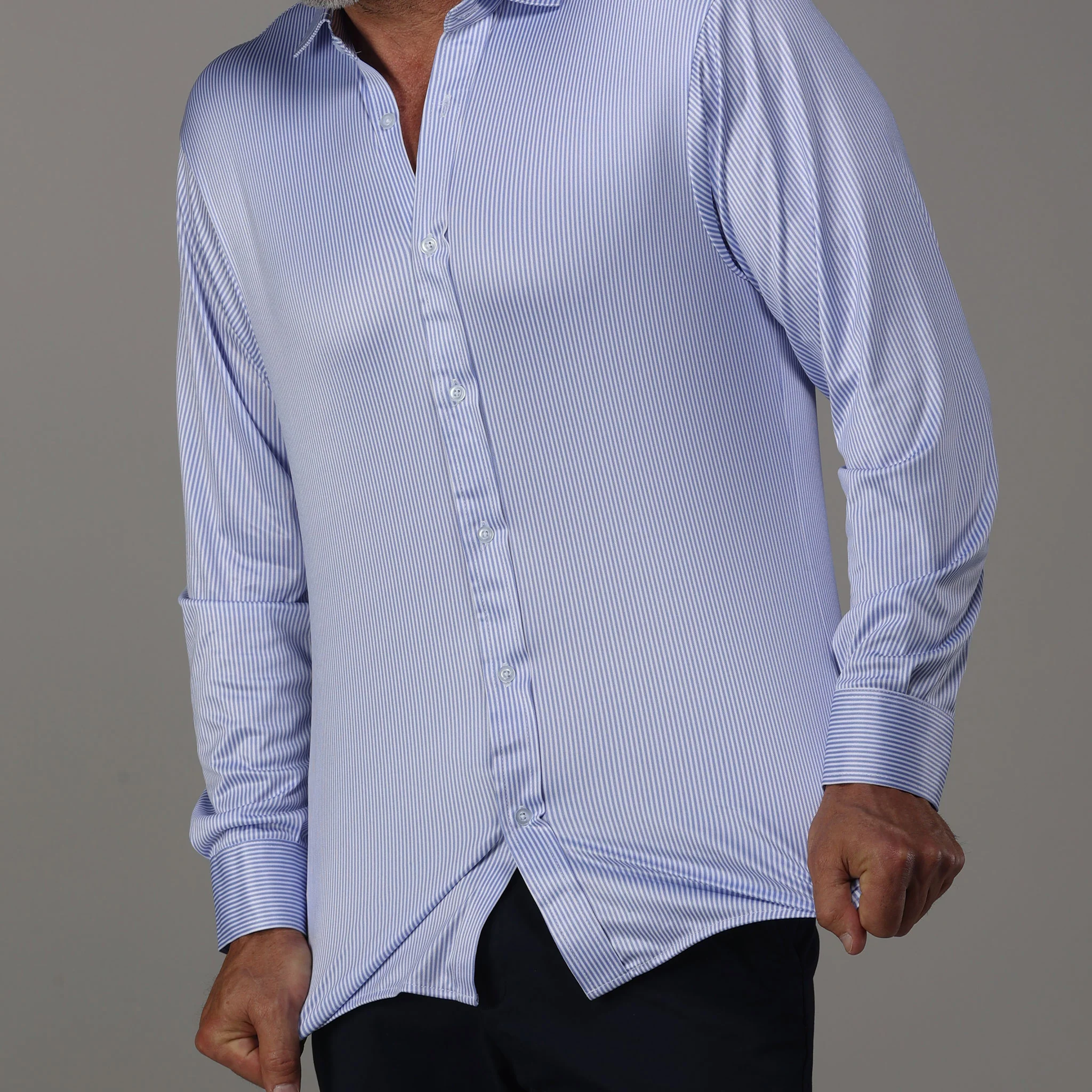 Quattro Flex Dress Shirt with Semi-Spread Collar Regent Blue Stripe - Image 5