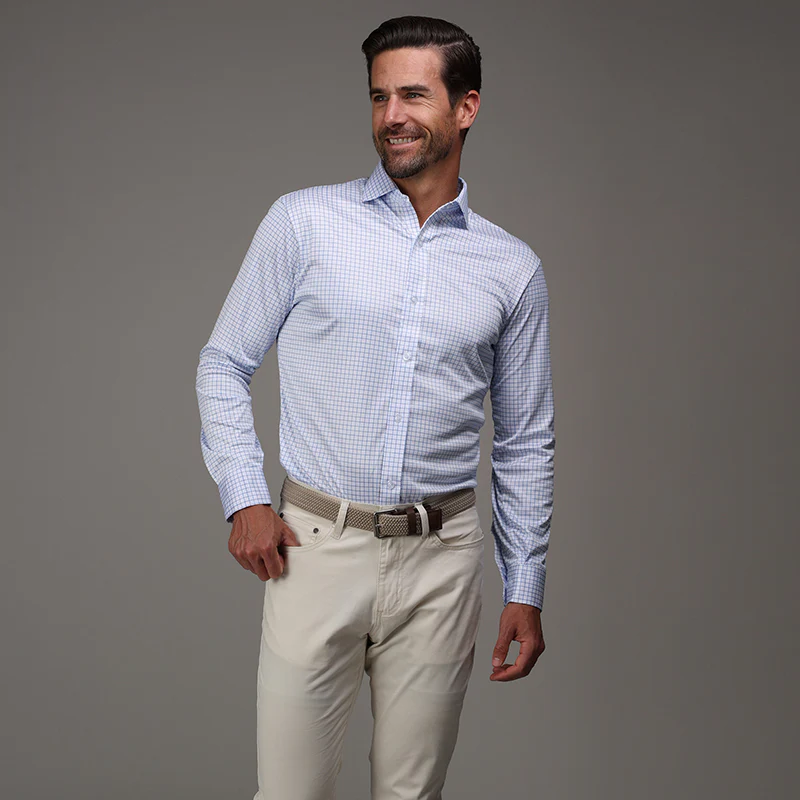 Quattro Flex Dress Shirt with Semi-Spread Collar Thin Blue Check - Image 3