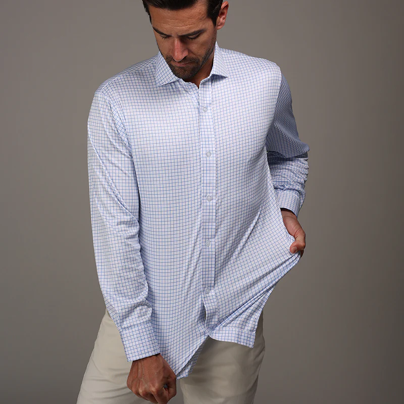 Quattro Flex Dress Shirt with Semi-Spread Collar Thin Blue Check - Image 5