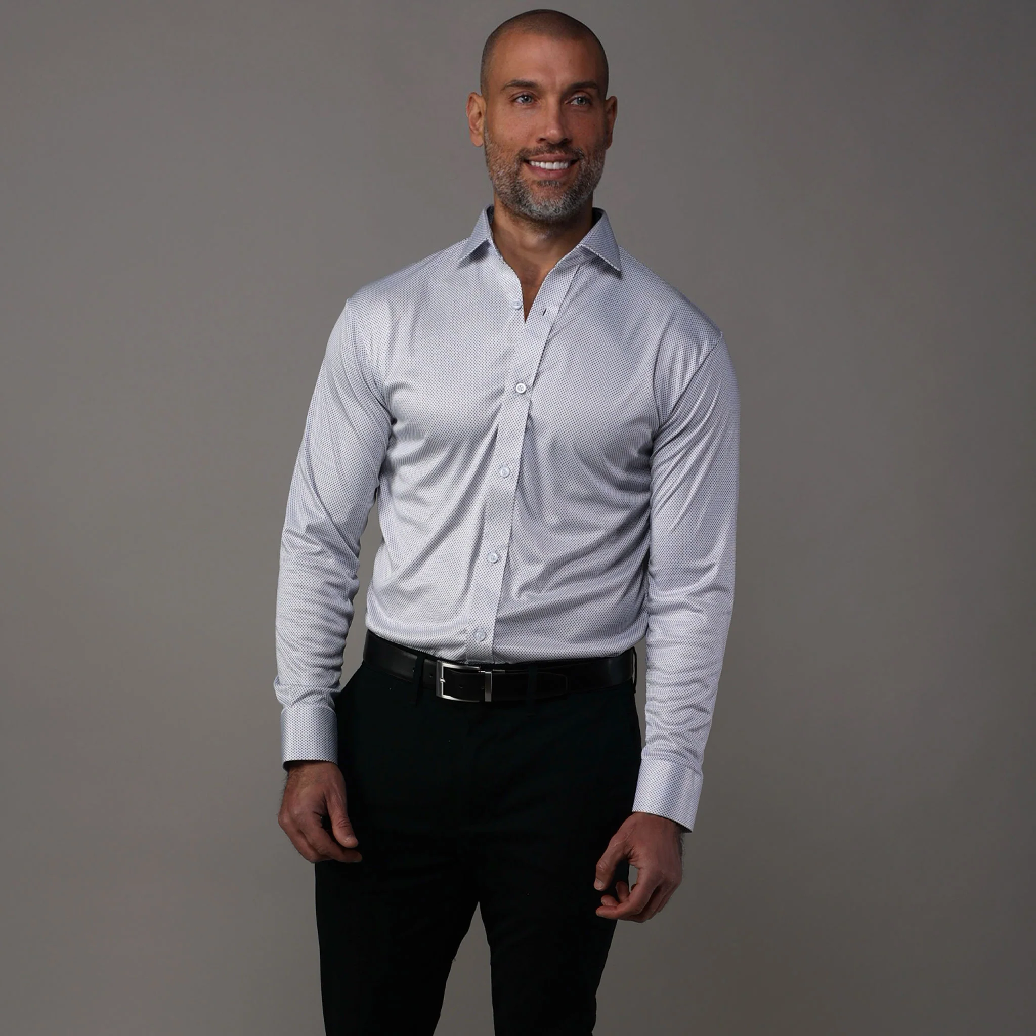 Quattro Flex Dress Shirt with Semi-Spread Collar White Micro Dot - Image 3