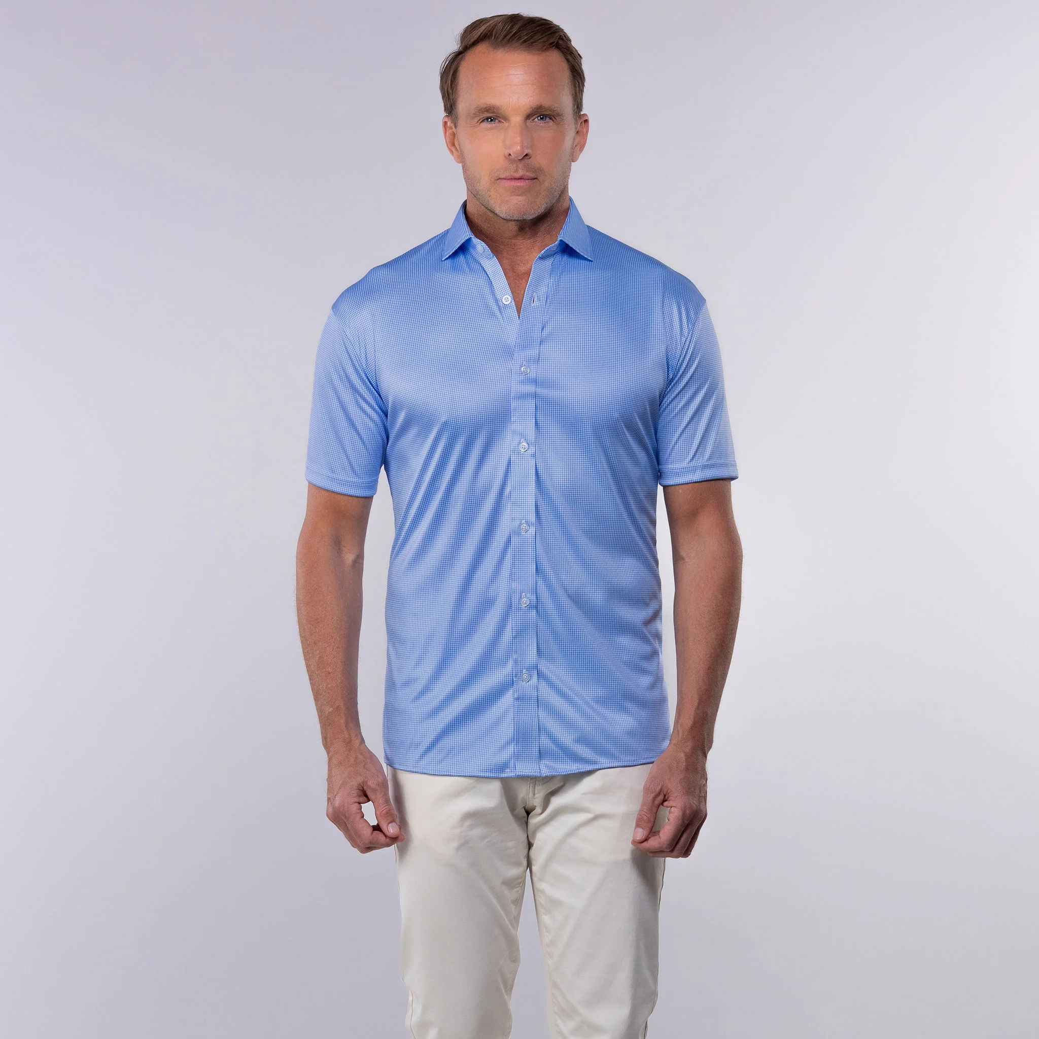 Quattro Flex Short Sleeve Button Down Blue Houndstooth - Image 3