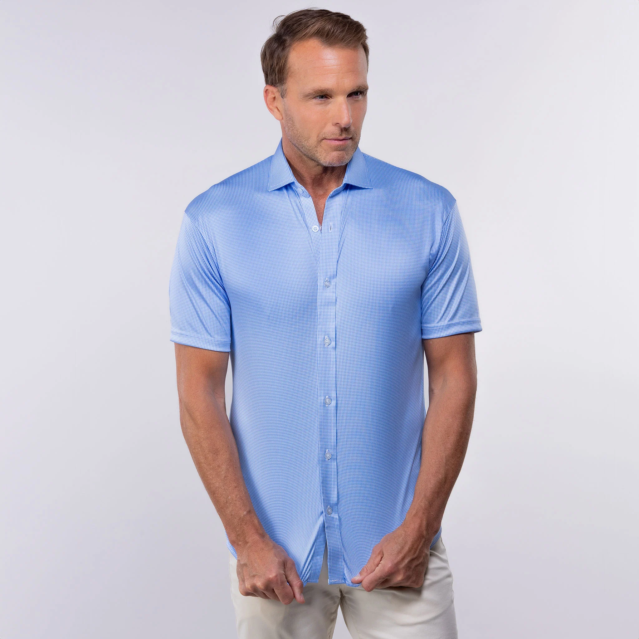 Quattro Flex Short Sleeve Button Down Blue Houndstooth - Image 6