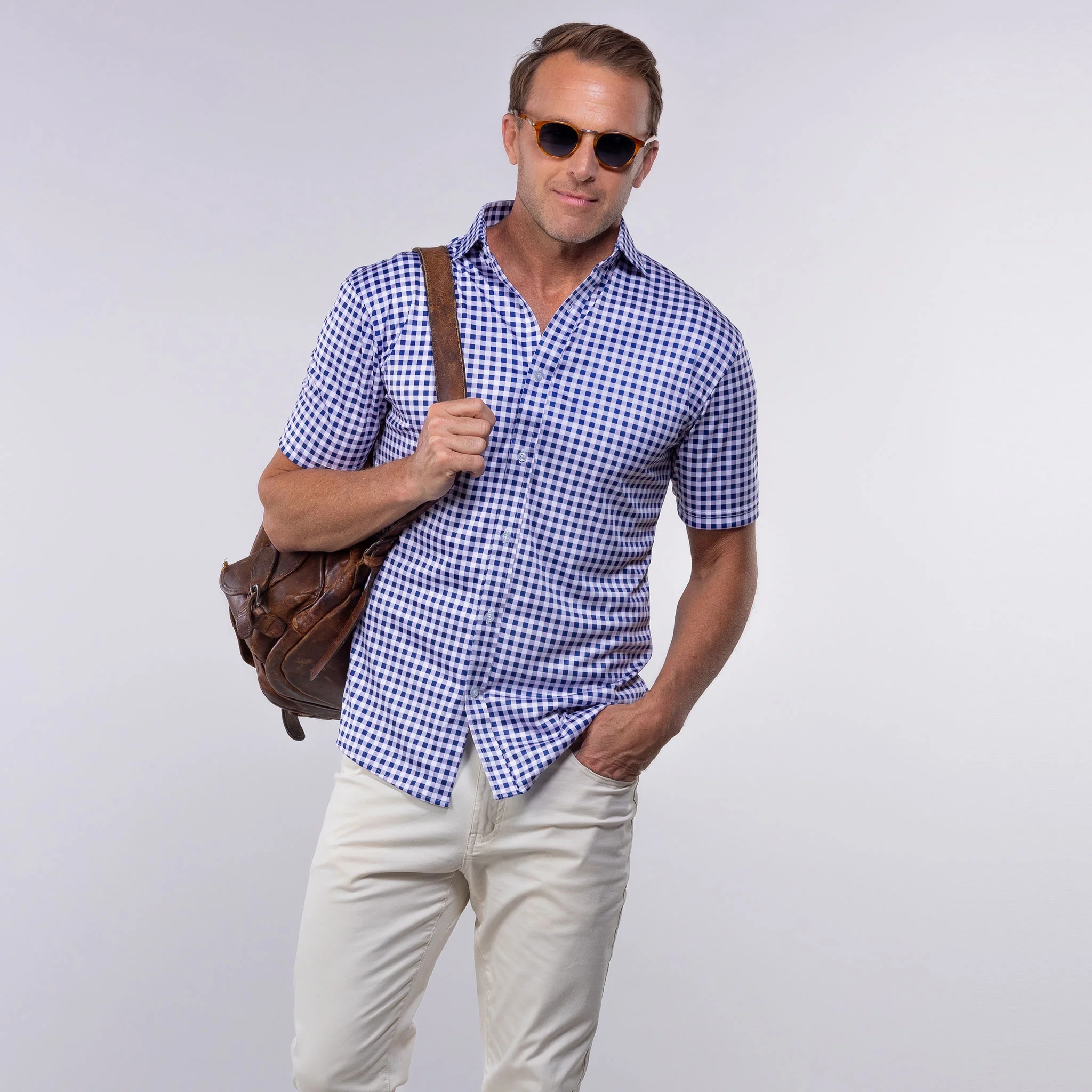 Quattro Flex Short Sleeve Button Down Navy Gingham - Image 3
