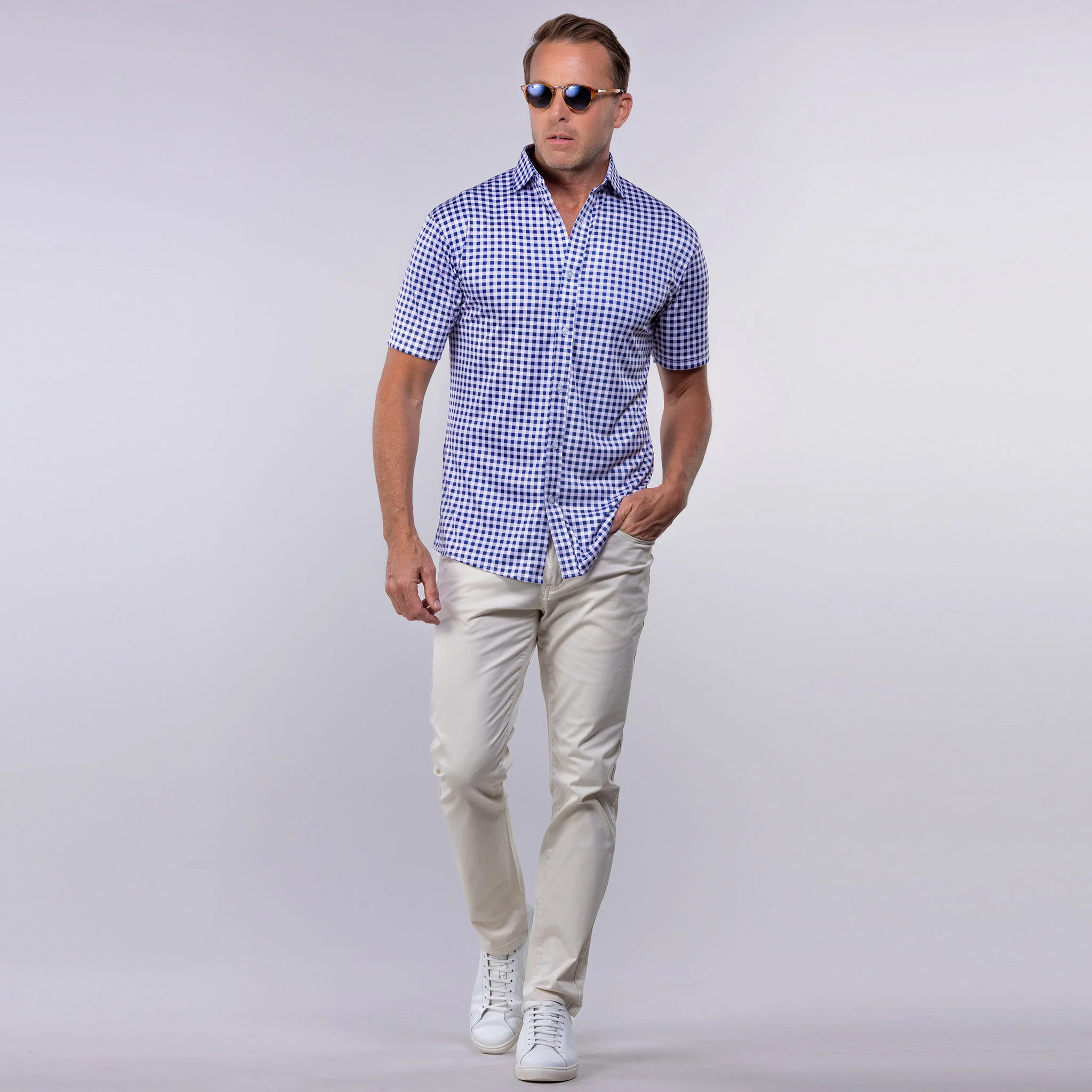 Quattro Flex Short Sleeve Button Down Navy Gingham - Image 4