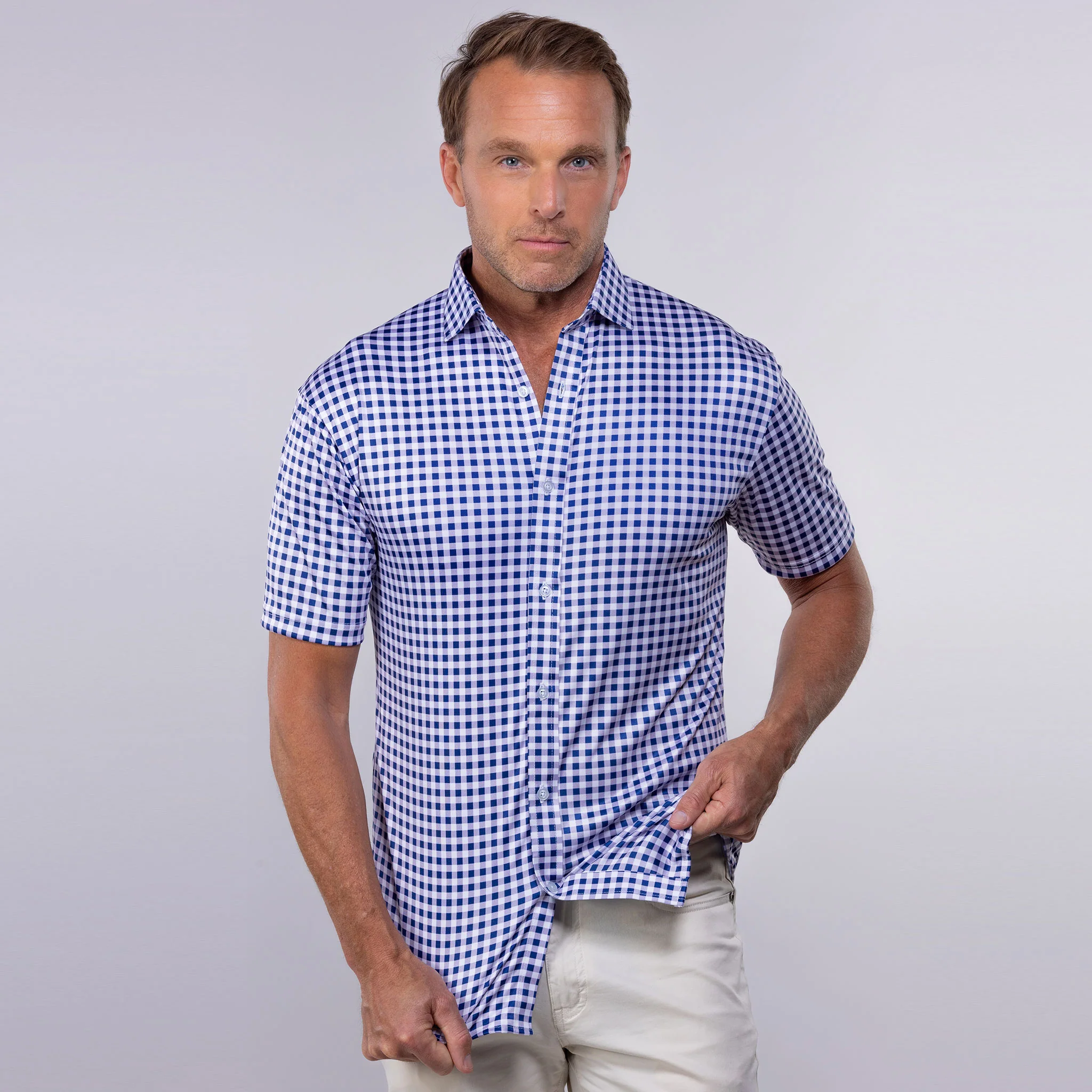 Quattro Flex Short Sleeve Button Down Navy Gingham - Image 6