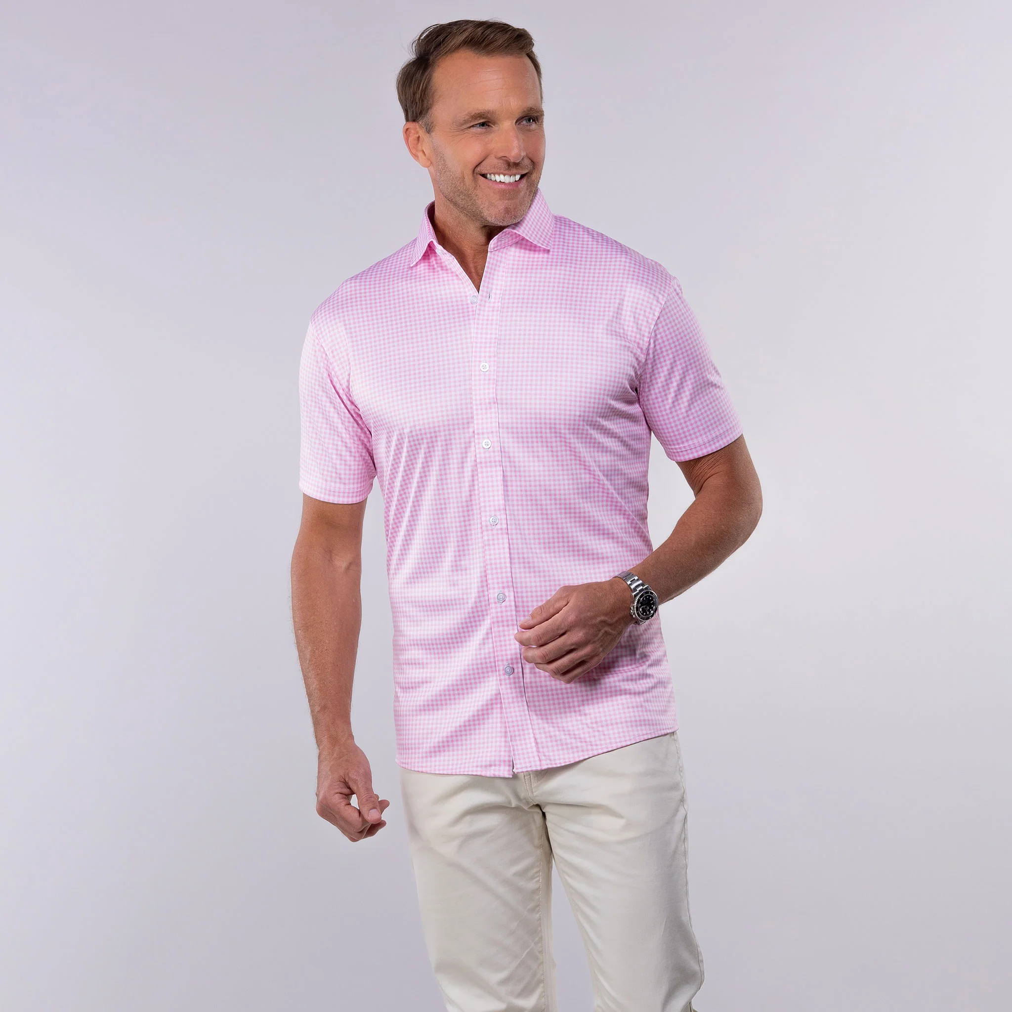 Quattro Flex Short Sleeve Button Down Pink Gingham - Image 3