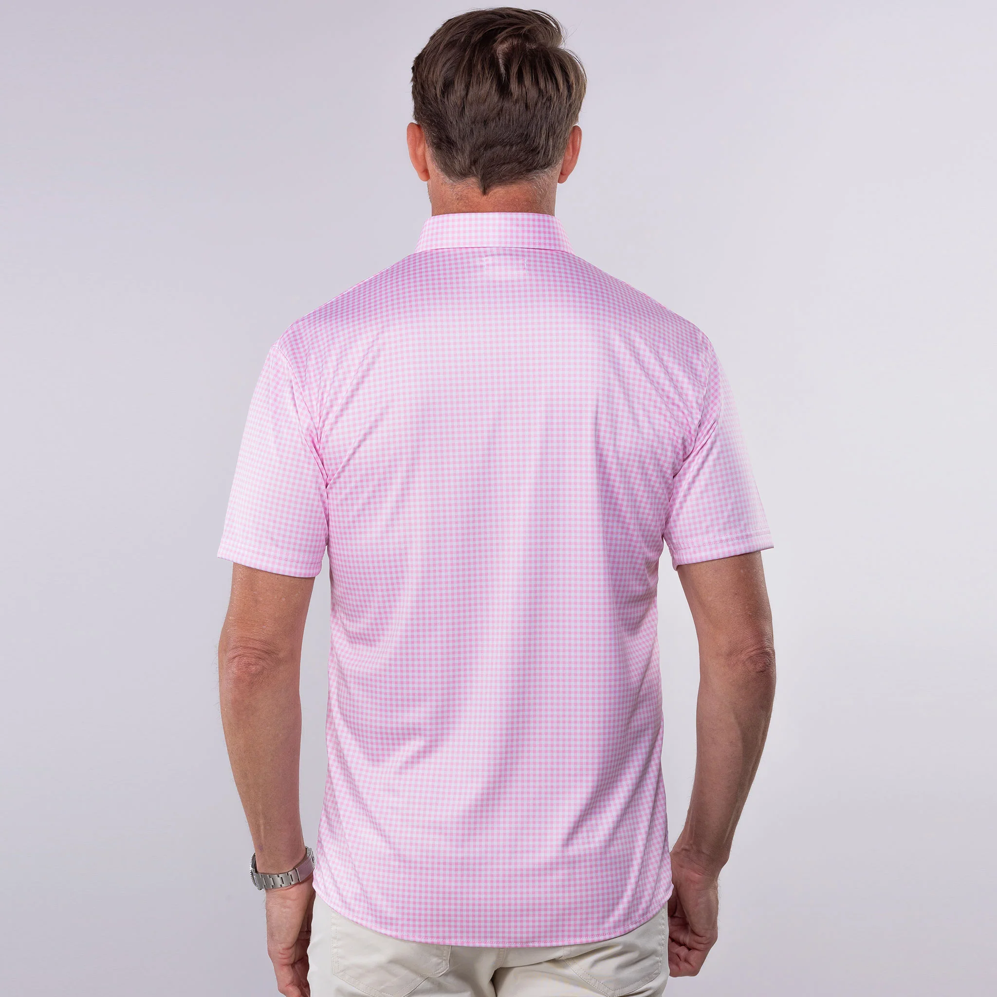 Quattro Flex Short Sleeve Button Down Pink Gingham - Image 6