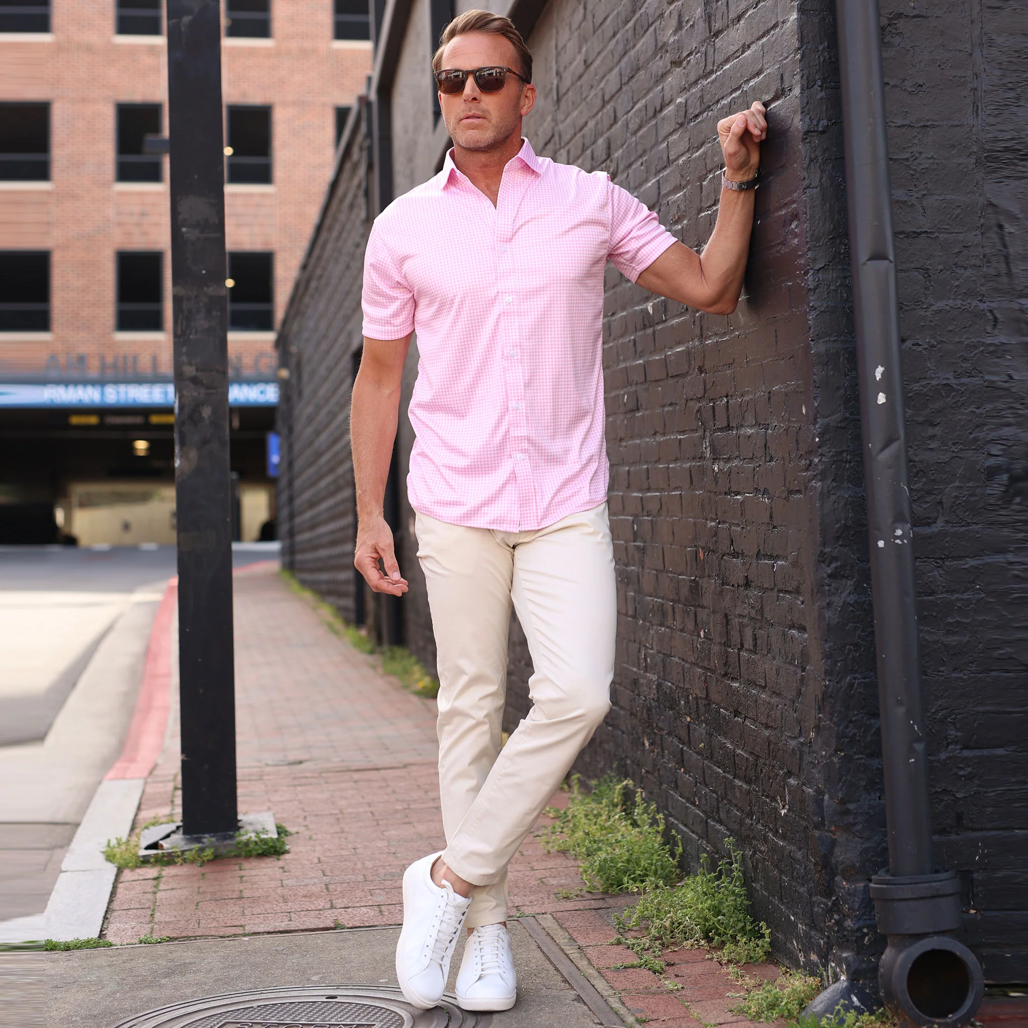 Quattro Flex Short Sleeve Button Down Pink Gingham - Image 7