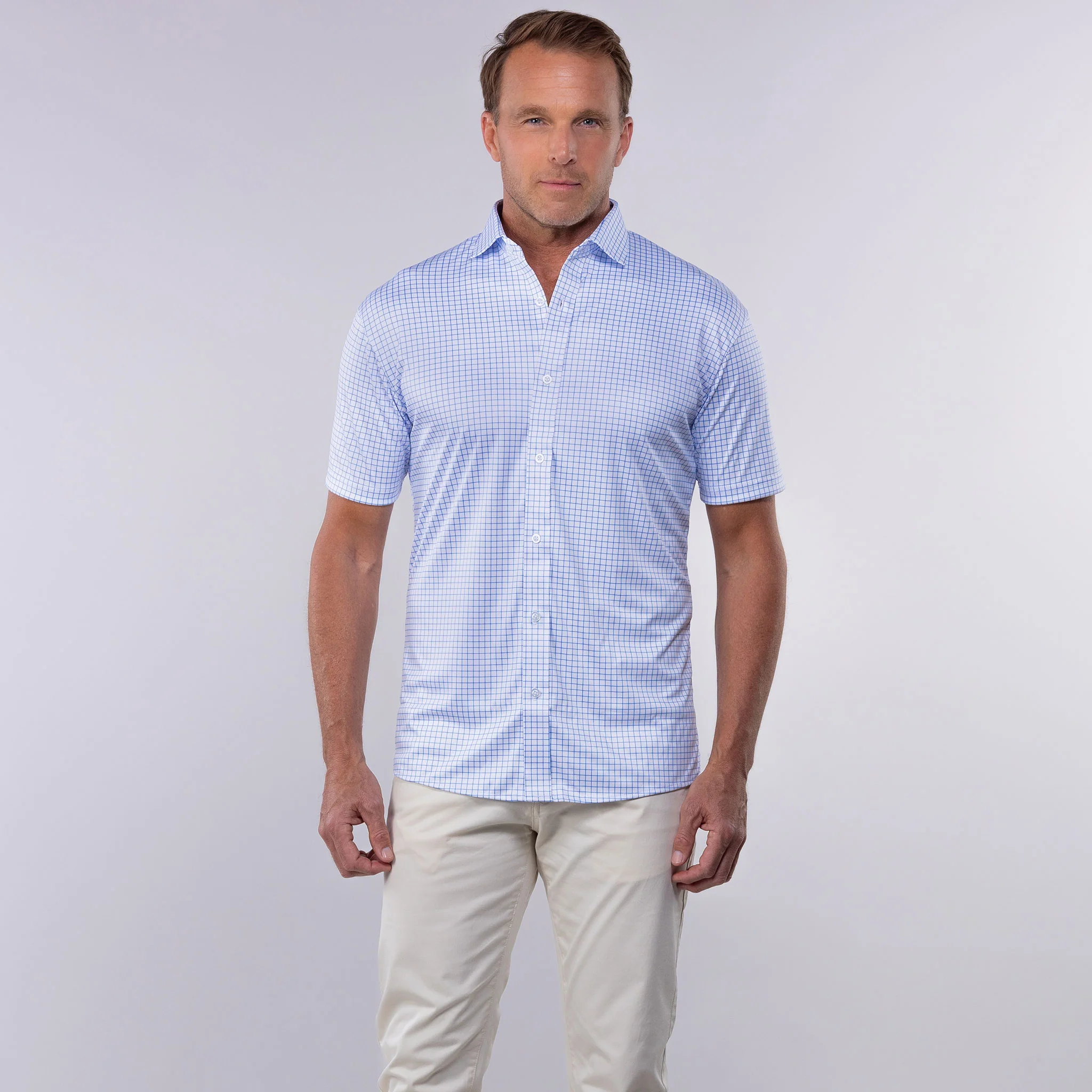 Quattro Flex Short Sleeve Button Down Thin Blue Check - Image 3