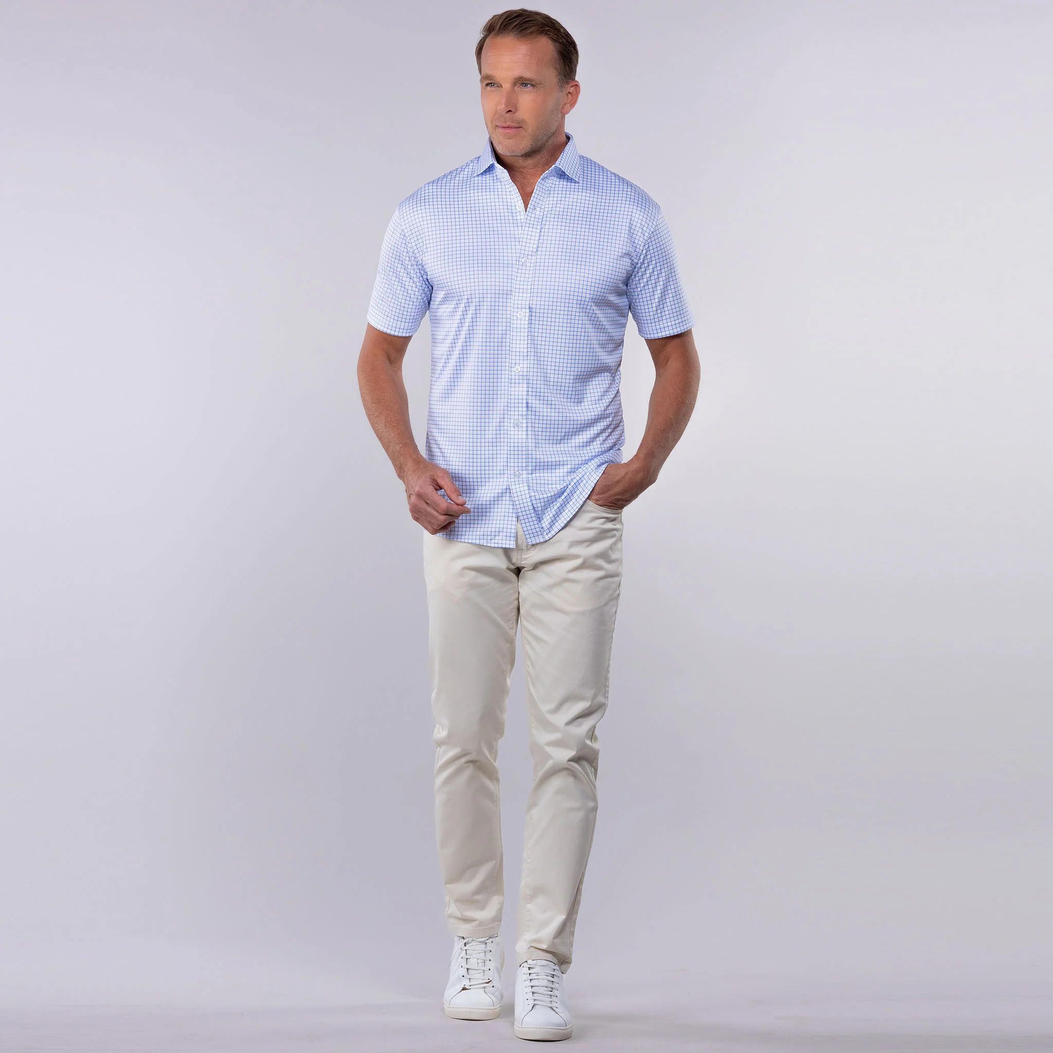 Quattro Flex Short Sleeve Button Down Thin Blue Check - Image 4