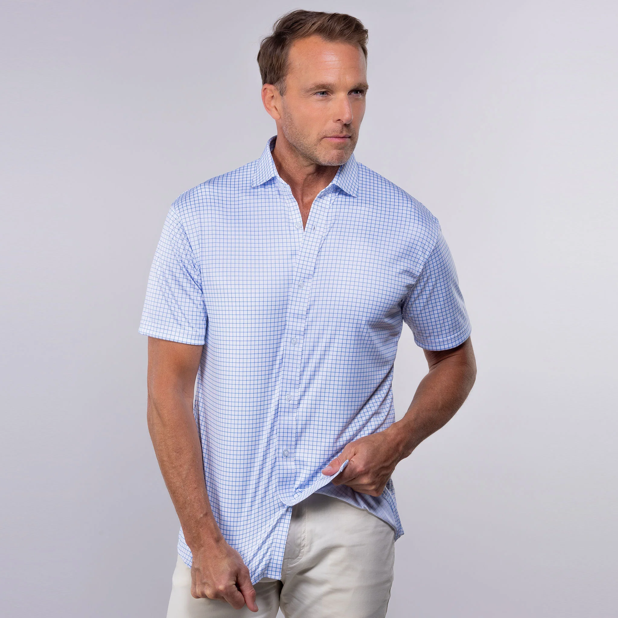 Quattro Flex Short Sleeve Button Down Thin Blue Check - Image 5