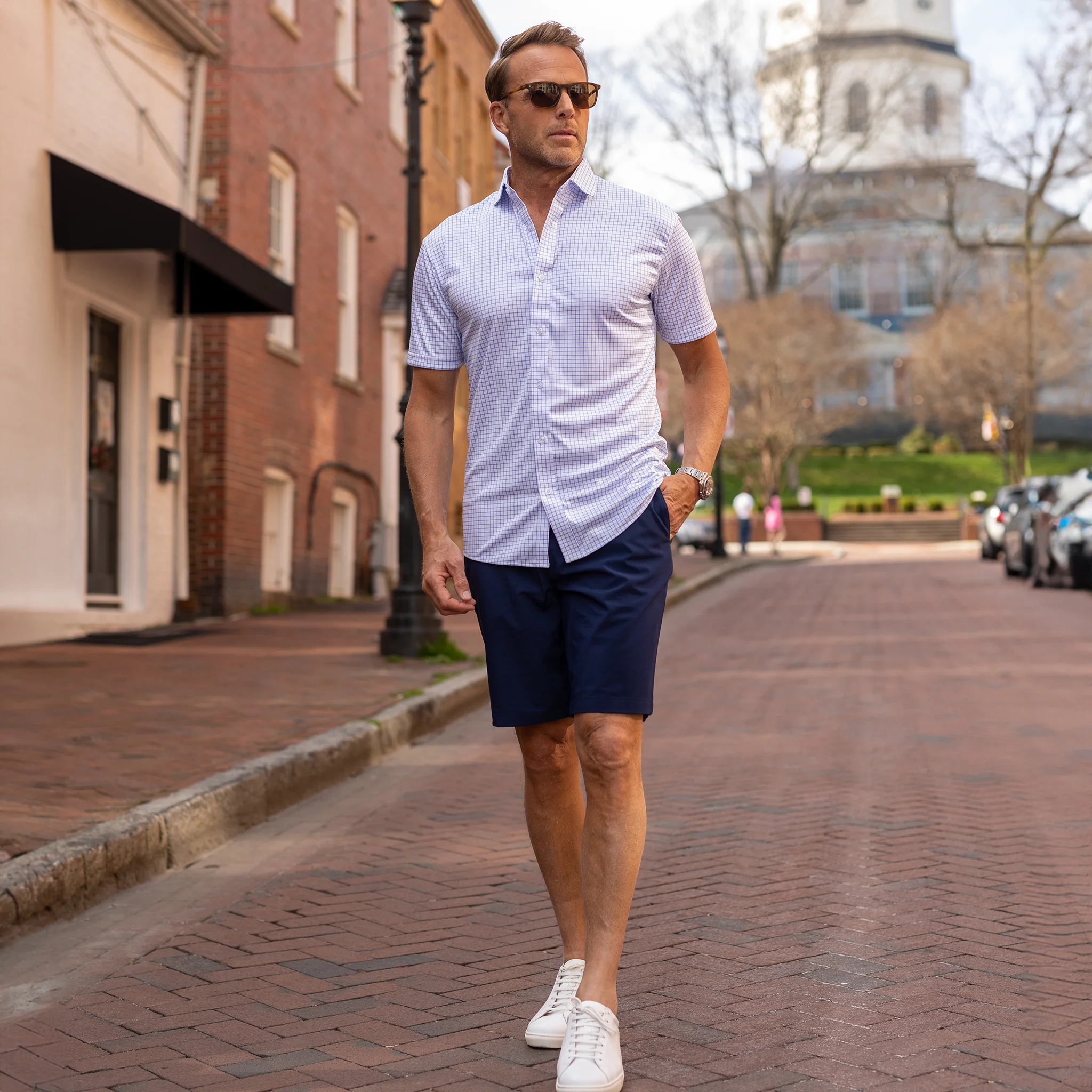 Quattro Flex Short Sleeve Button Down Thin Blue Check - Image 7