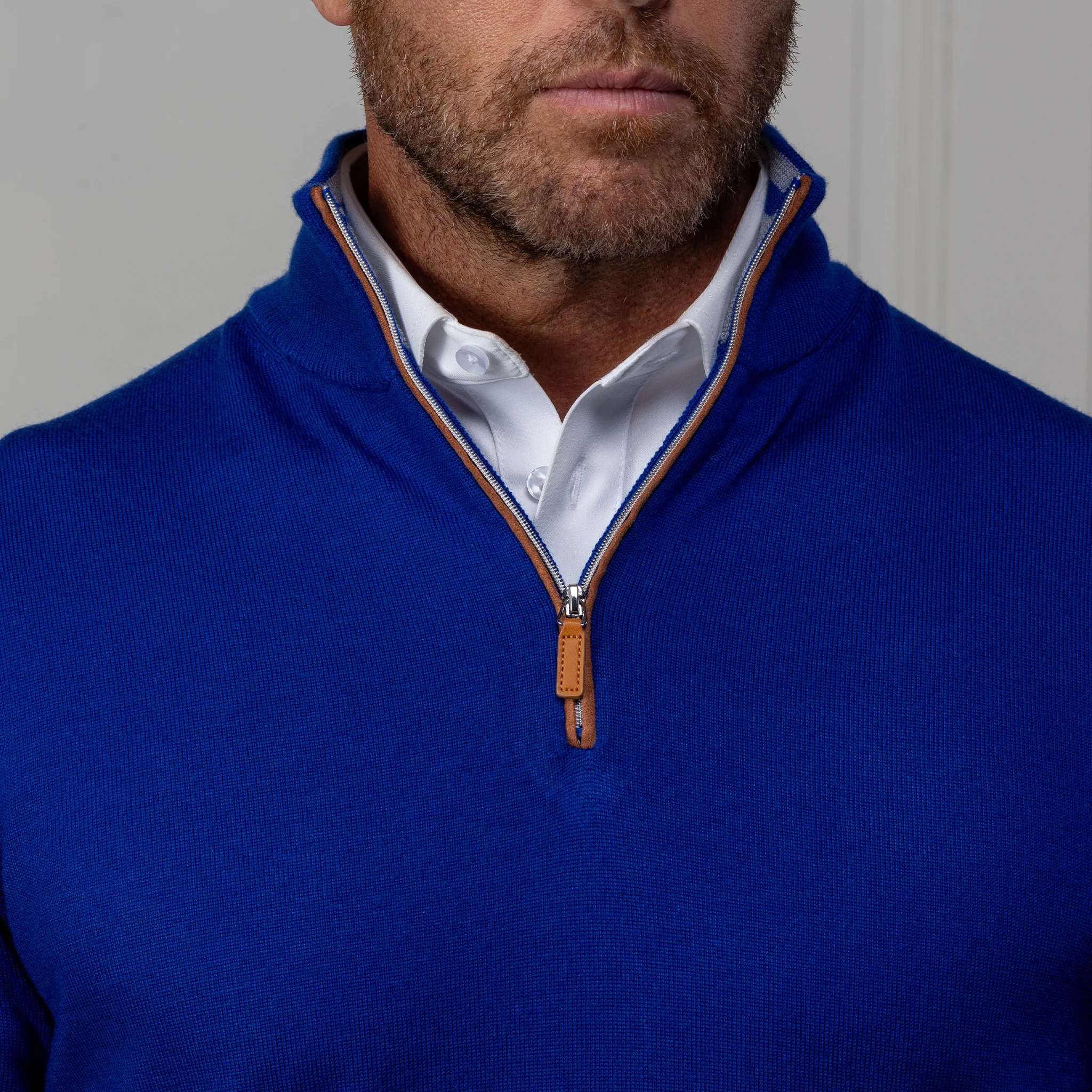 Royal Blue with Brown Suede Trim Cashmere Touch Australian Merino Quarter Zip Sweater - Image 4